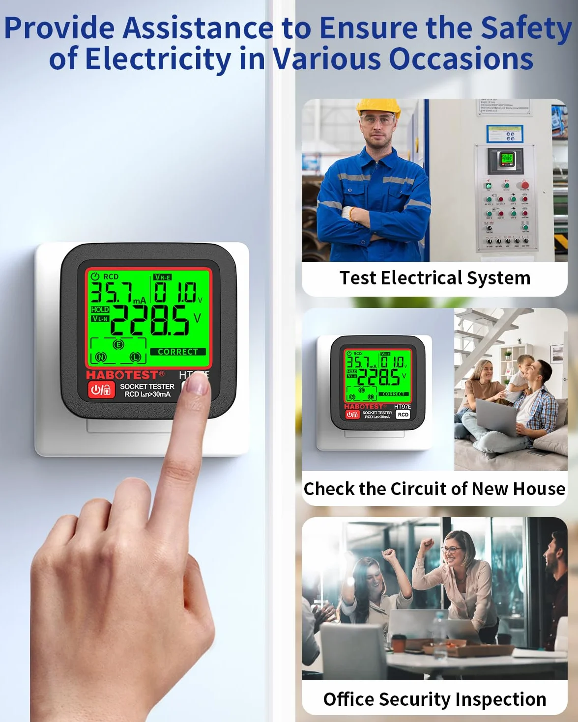 YOJOCK Wtyczka tester, Tester elektryczny RCD Plug z wyświetlaczem LCD, 6 typów diagnostyki usterek, badanie obwodu, wskazanie napięcia i częstotliwości, 30-260V (wtyczka UK)