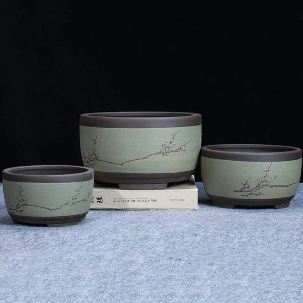 Bonsai Doniczka Ceramiczna Okrągła Duża Średnia i Mała Doniczka Bonsai Zielona Doniczka W kształcie bębna Umywalka wentylacyjna w stylu chińskim Okrągła Sadzarka Pojemnik na rośliny ozdobne (Kolor: