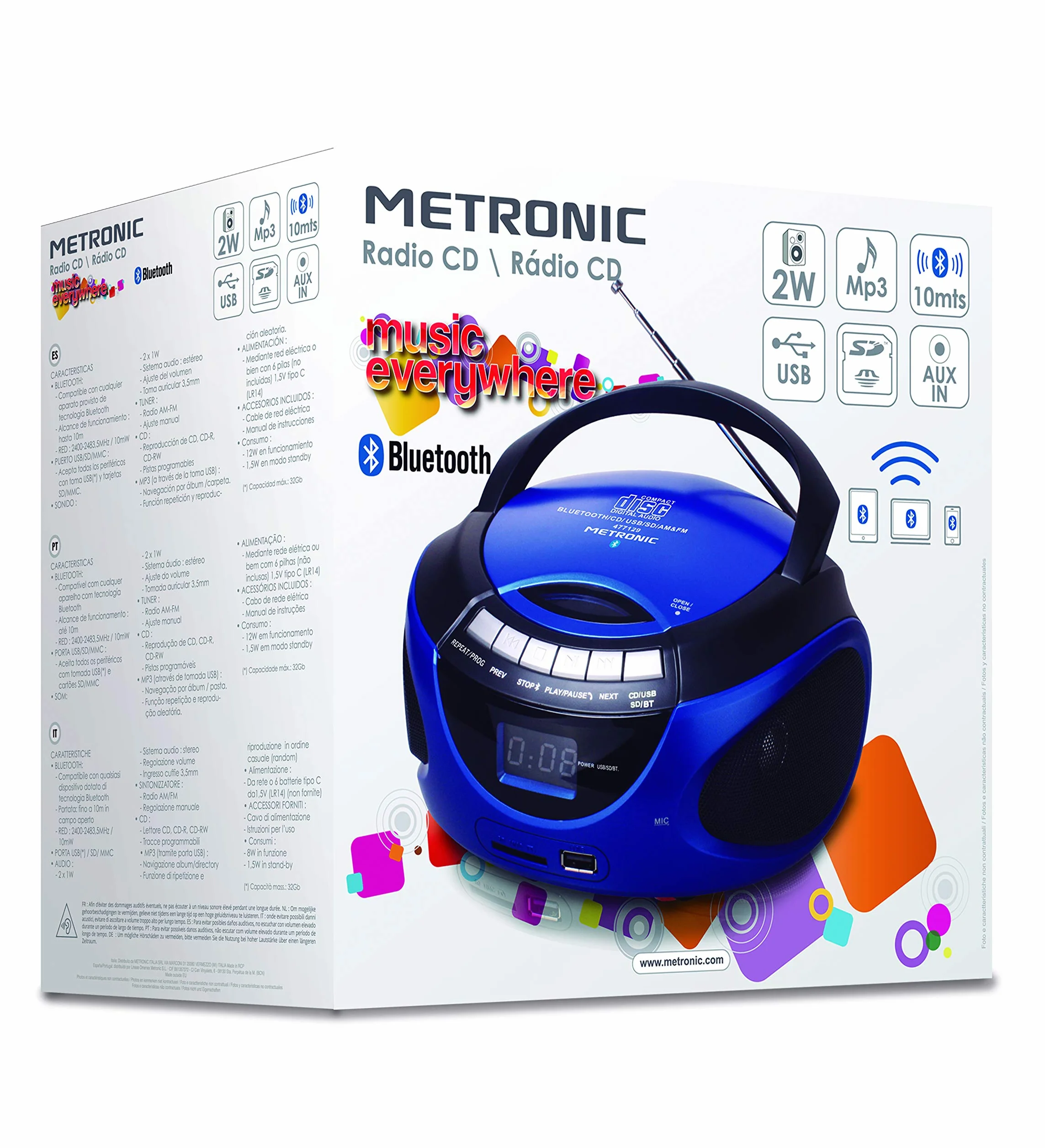 Metronic przenośne radio CD Bluetooth MP3 USB/SD/MMC 2x1W niebieskie