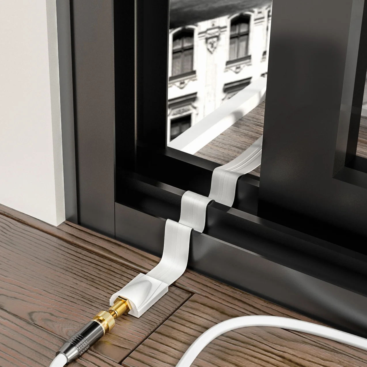 deleyCON 1x przepust okienny kabel satelitarny 21cm elastyczny łącznik o długości 30cm okna i drzwi pozłacane wyjątkowo płaskie ekranowane podkładki samoprzylepne - biały