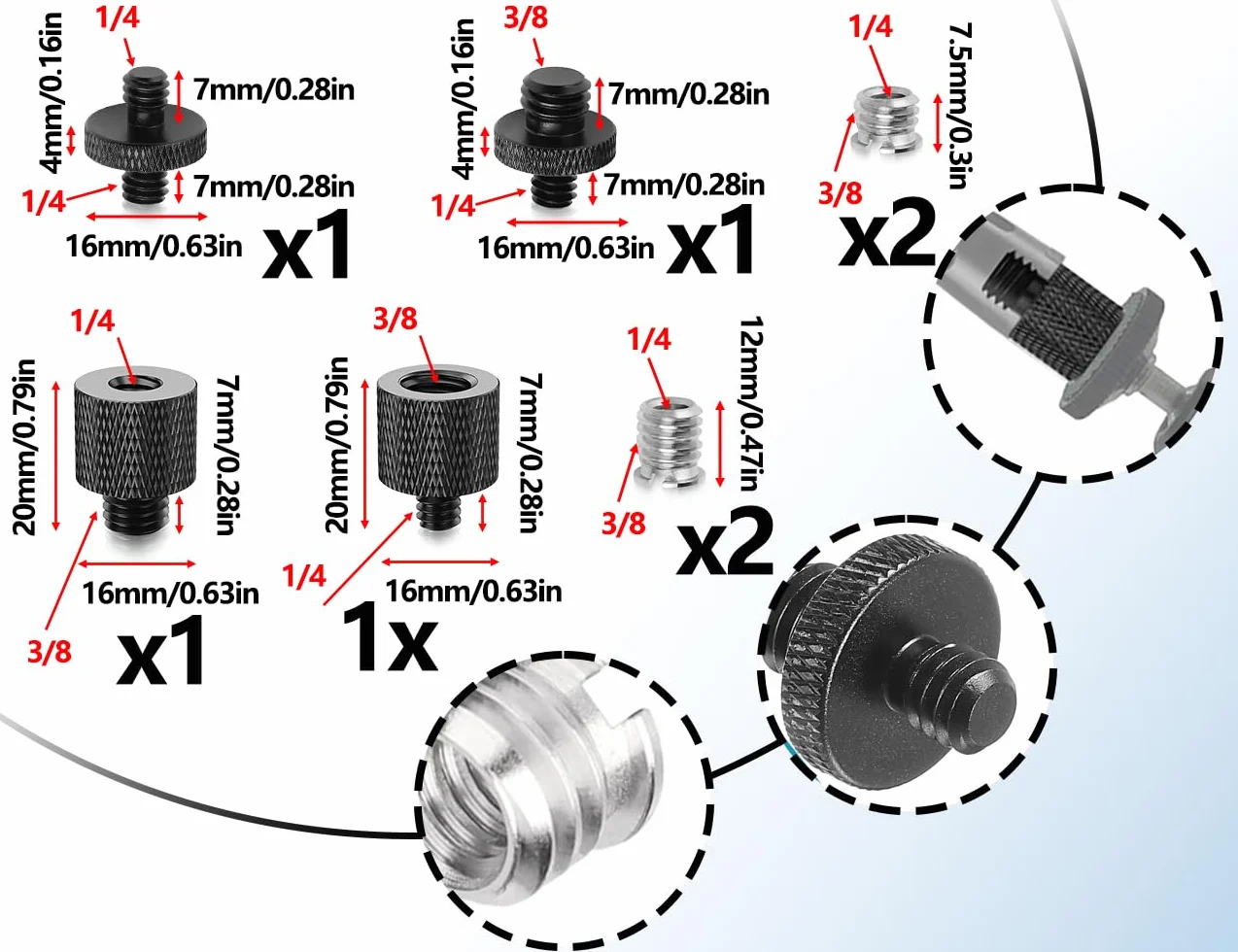 KAPSING Zestaw adapterów do statywów, adapter gwintowany 1/4" do 3/8", śruba statywu 3/8" do 1/4", śruba z podwójnym gwintem 1/4", śruba do aparatu, uchwyt konwertera
