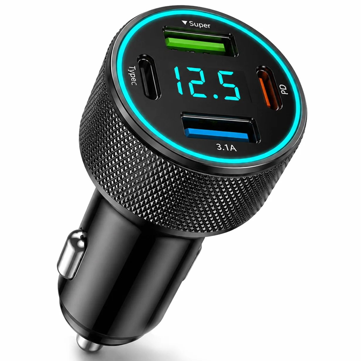 Ładowarka samochodowa 67,5W 4 porty USB C PD 30W USB A QC 22,5W z wyświetlaczem LED napięcia 12V/24V