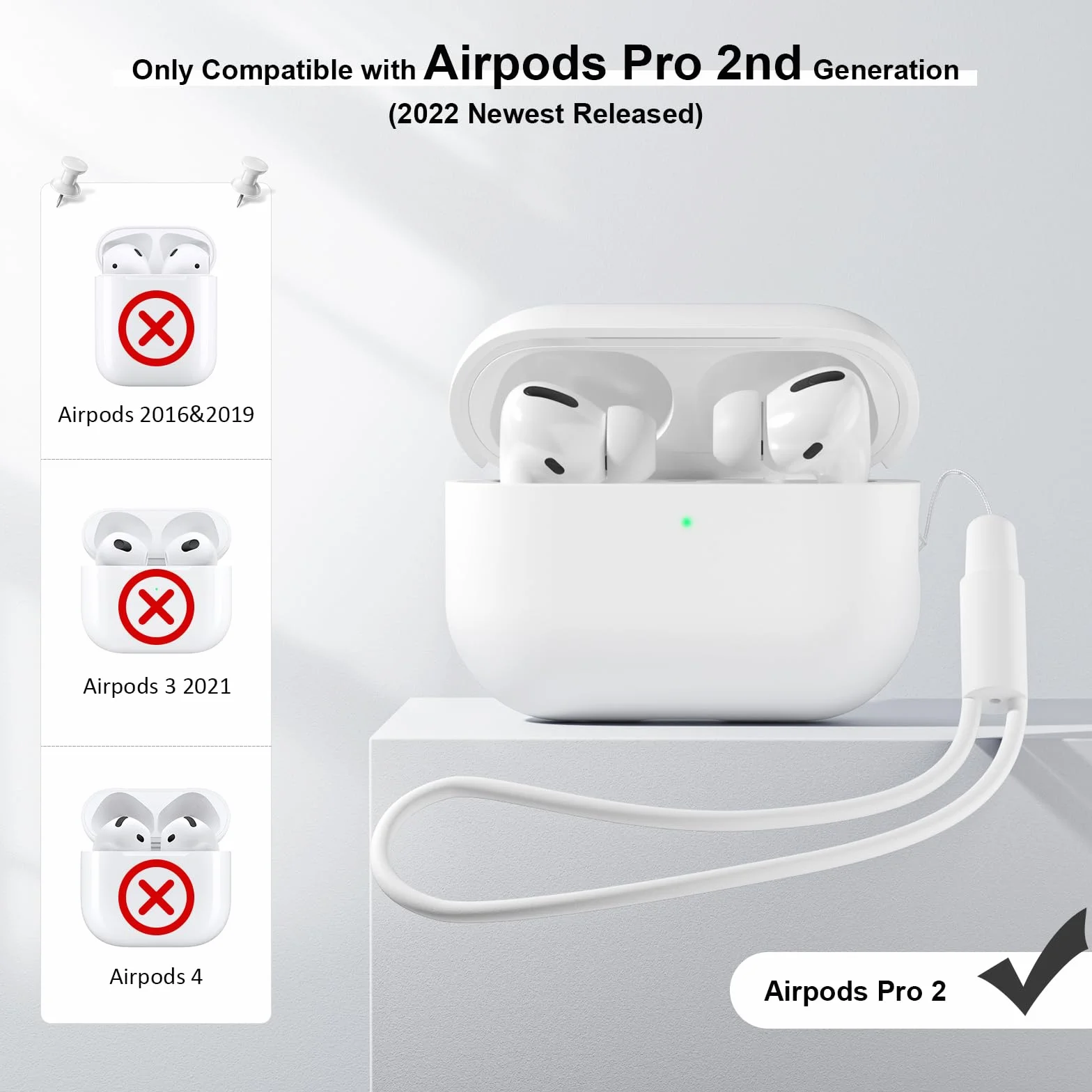 Etui kompatybilne z Airpods Pro 2 generacji 2022, ultra cienkie, silikonowe, odporne na uderzenia, miękkie etui ochronne do Airpods Pro 2, pełna ochrona do Airpods Pro 2 (białe)
