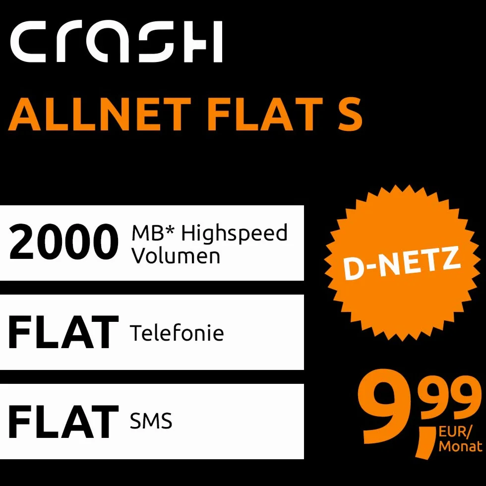 Crash Allnet Flat S 2 GB Internet 21,6 Mbit/s rozmowy SMS niemieckie sieci 24 miesiące 9,99 EUR
