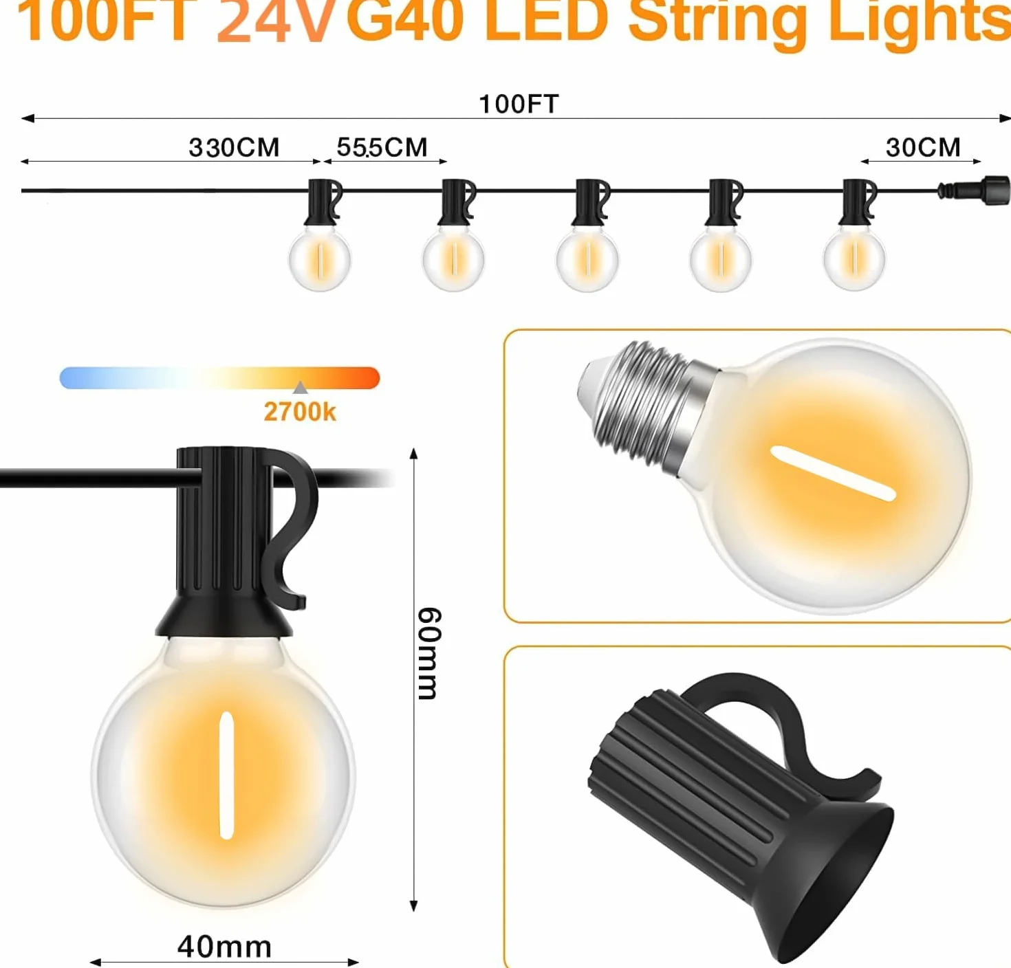 Świecące Girlandy Zewnętrzne, 30 metrów Girlanda światła Zewnętrzne z 50+2 szt G40 LED Girlanda żarówki,IP45 Wodoodporny łańcuch światła na Zewnątrz,Ogród, ślub, Mecz,Patio