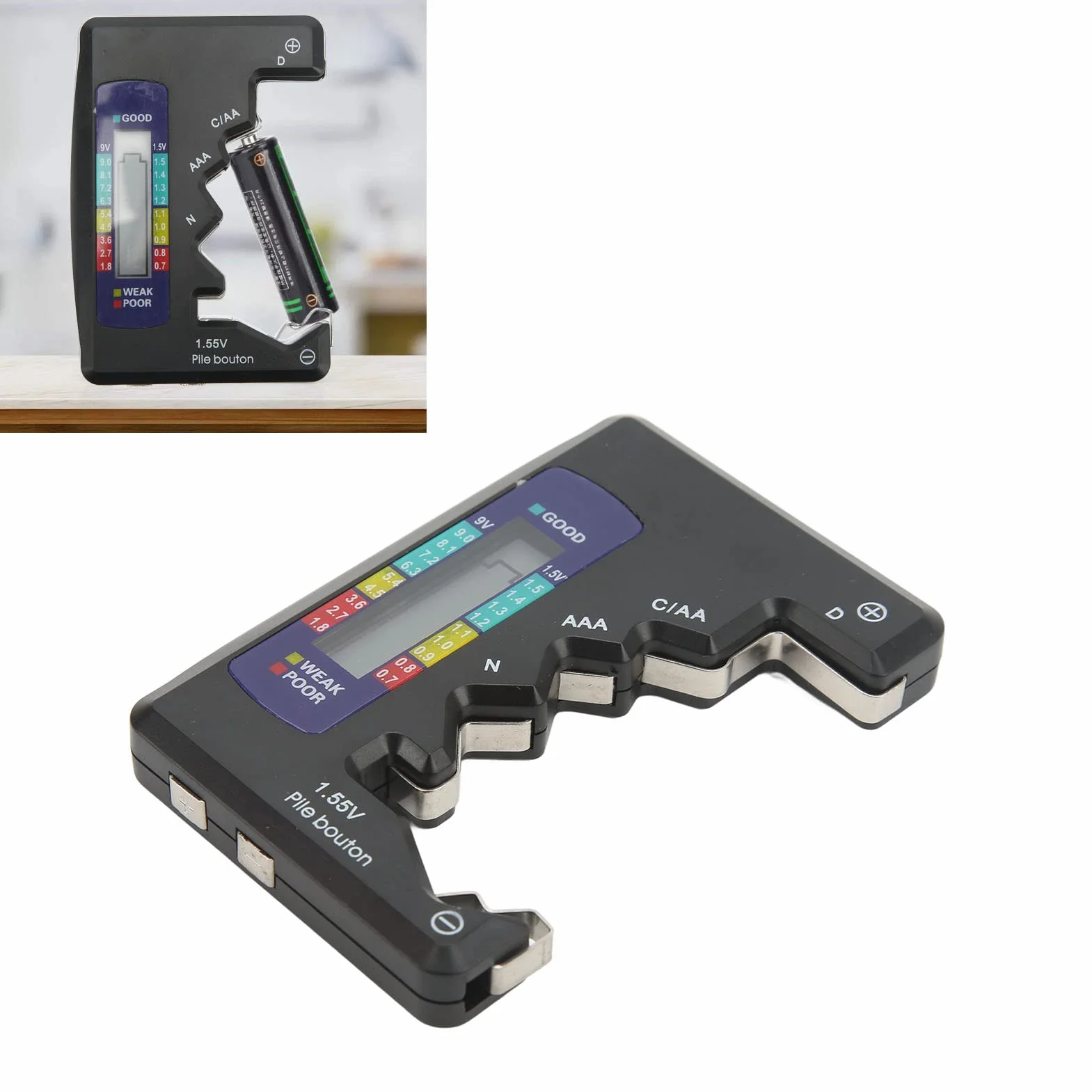 Cyfrowy Miernik Pojemności Baterii Ekran LCD Uniwersalny D C N AAA 9V 1.5V Przycisk Komórki Analizator Baterii Sprawdzanie Baterii Węglowo-Cynkowe Baterie Alkaliczne i Akumulatory (czarny)
