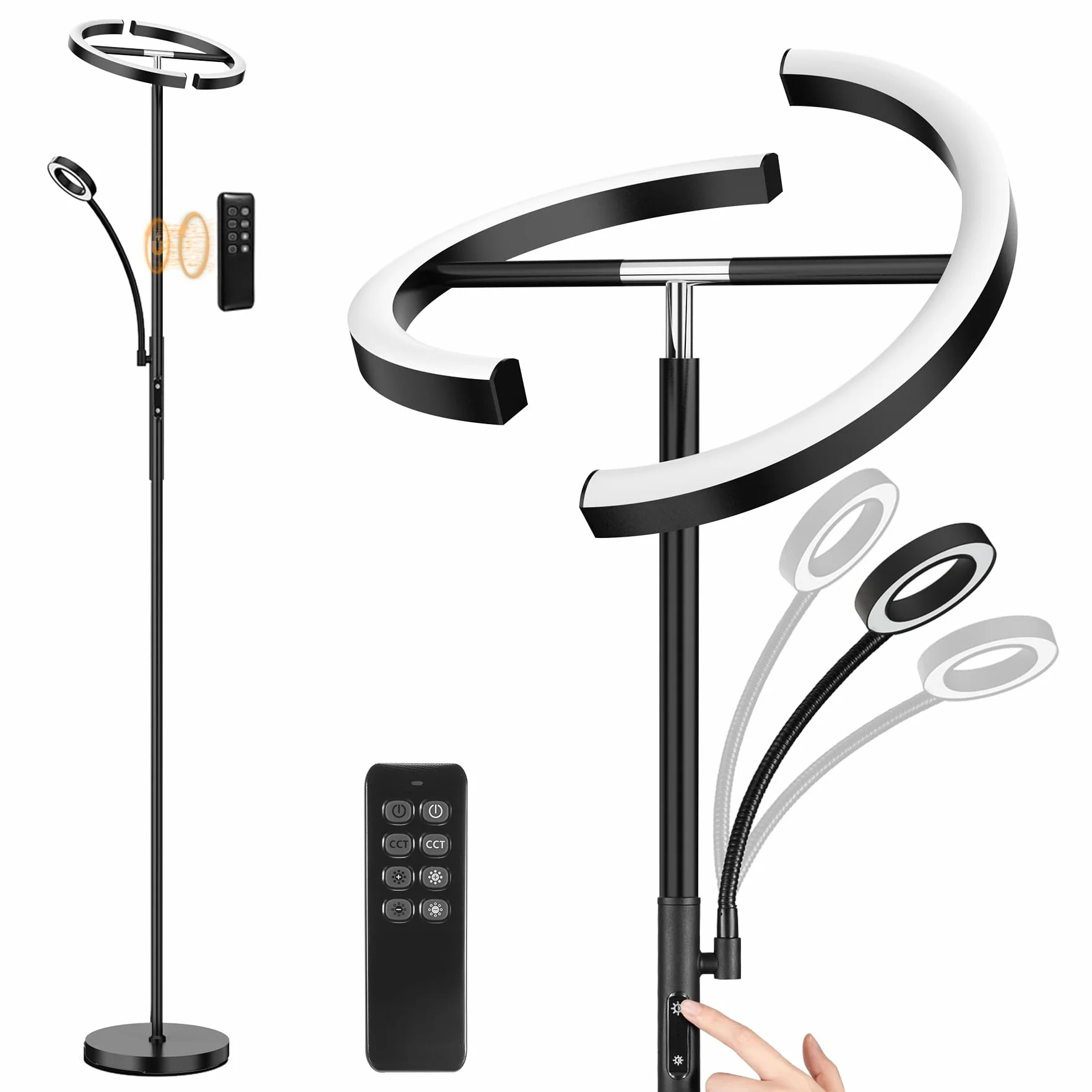 ANTENLICHT KAKA ściemnialna lampa stojąca LED, czarna 20 W z nowoczesną, elastyczną lampą do czytania 7 W, z pilotem zdalnego sterowania 1500 lm, 4 temperatury barwowe do salonu, sypialni