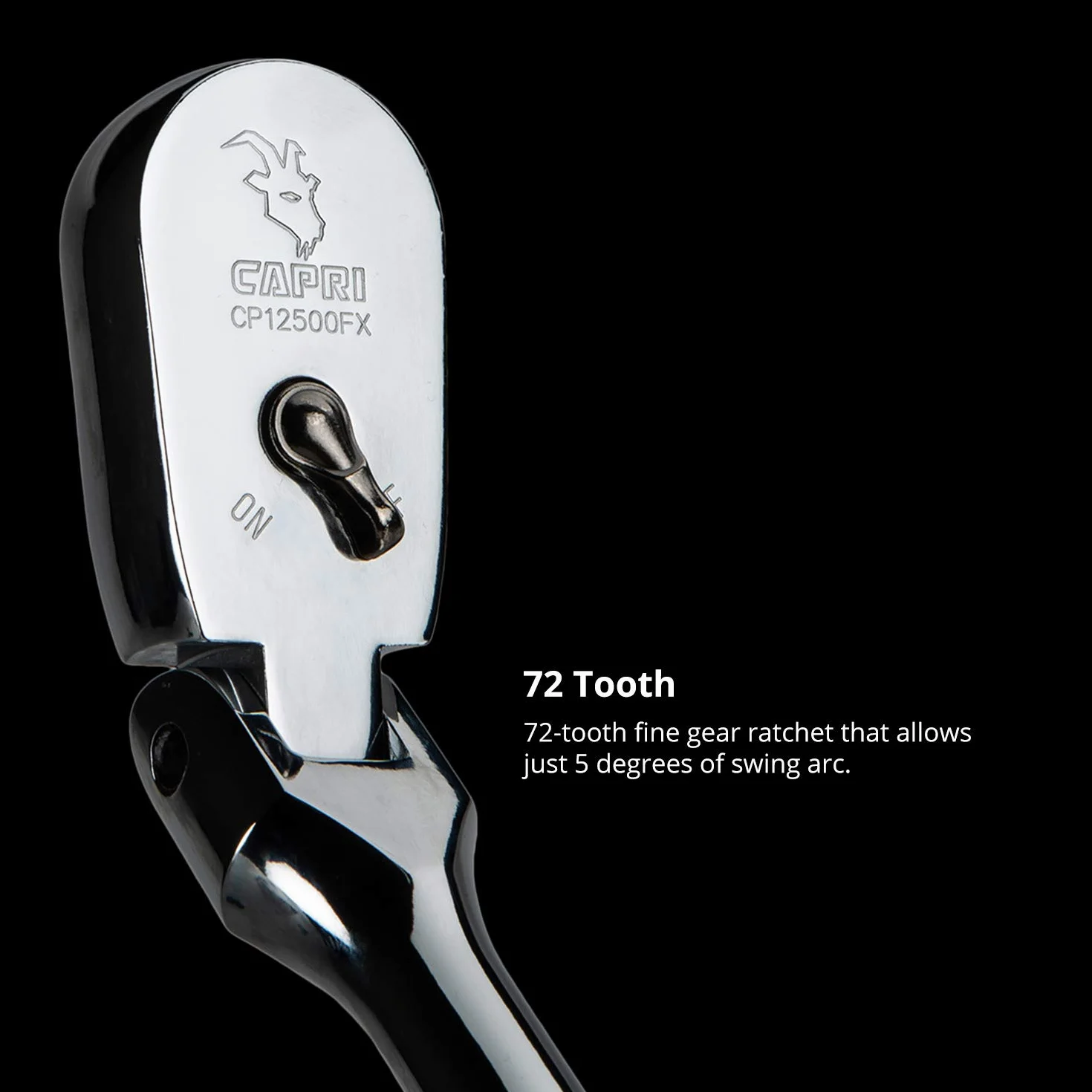 Capri Tools Niskoprofilowa grzechotka z napędem 1/2", prawdziwa grzechotka 72-zębowa, 5-stopniowy łuk obrotowy, 180-stopniowa głowica elastyczna (CP12500FX)