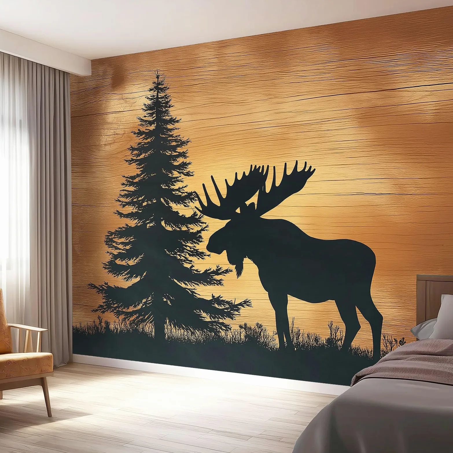 Tapeta Retro Łoś Sosnowy Sylwetka 400 x 280 cm, Plakat Fototapeta Dekoracja Ścienna Salon Sypialnia Pokój Dziecięcy Brązowy