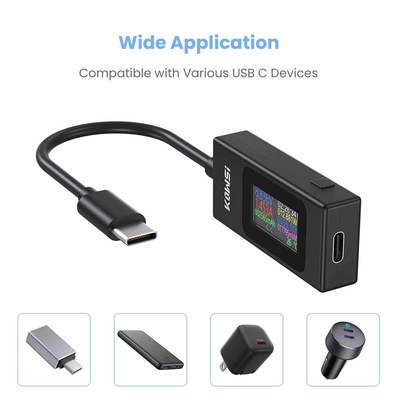 YOJOCK USB C Tester Miernik Mocy 4-30V 0-6.5A Miernik Napięcia i Prądu Multimetr, Pojemność USB, Temperatura, Czas Pracy Amperomierz Woltomierz Detektor ładowarki Banku Mocy