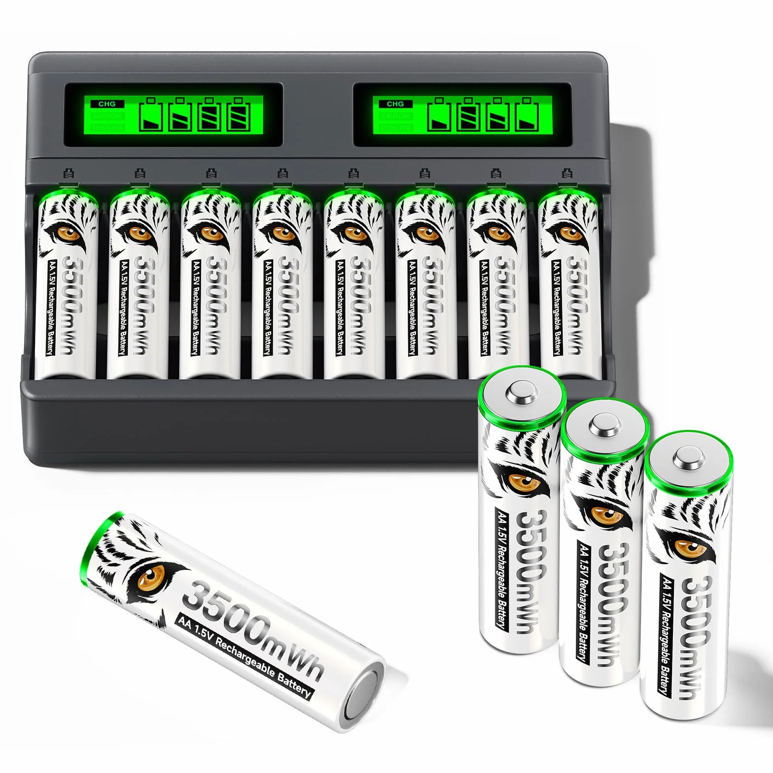 Bateria litowa 1,5 V 3600 mWh AA z ładowarką, 8 gniazdami USB C, niezależne ładowanie, inteligentna, szybka ładowarka LCD, z 8 bateriami AA