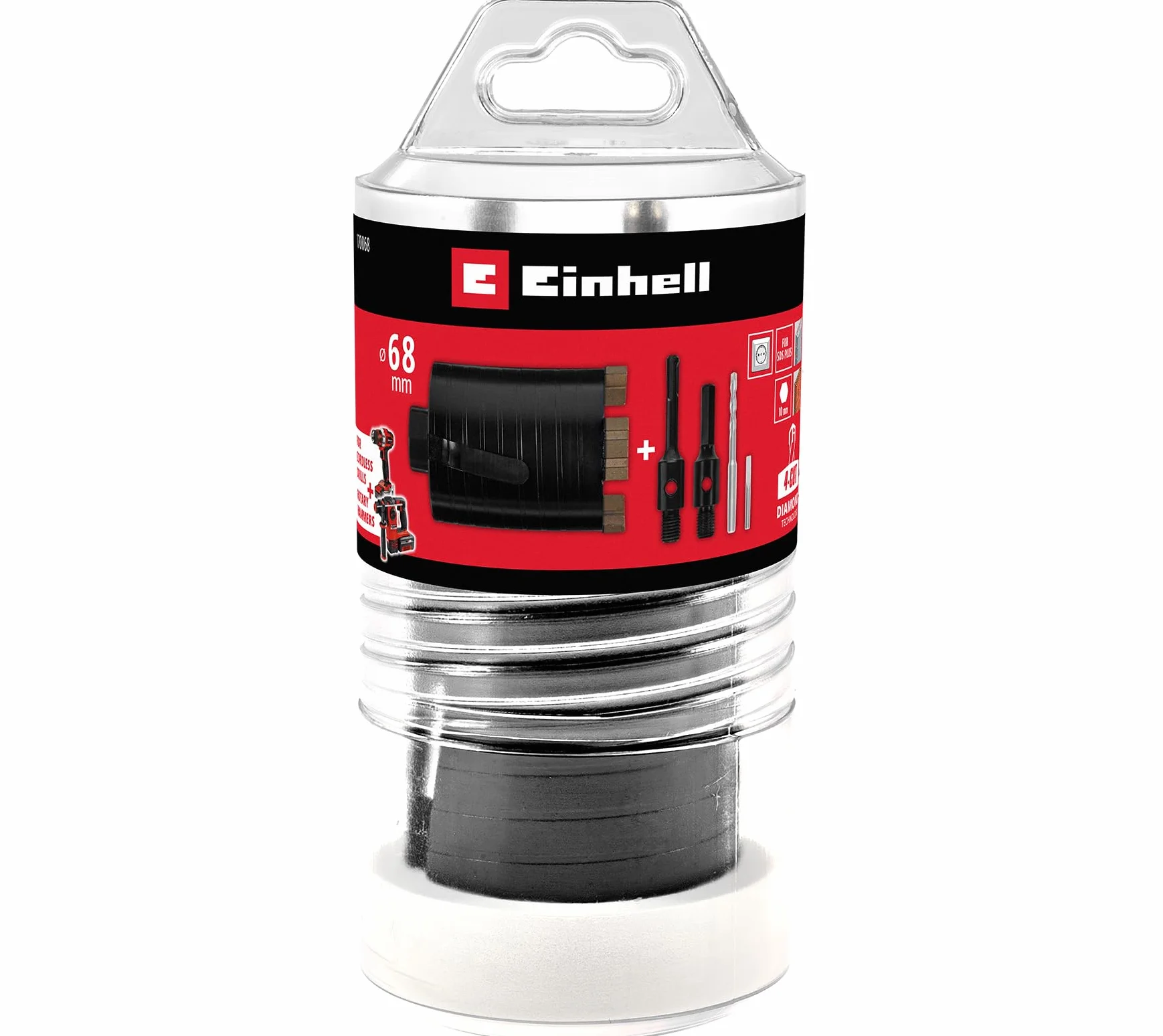 Oryginalny wiertło diamentowe Einhell Ø 68 mm (segmenty, wydajne usuwanie kurzu, adapter, precyzyjna prowadnica, mocowanie SDS-Plus)