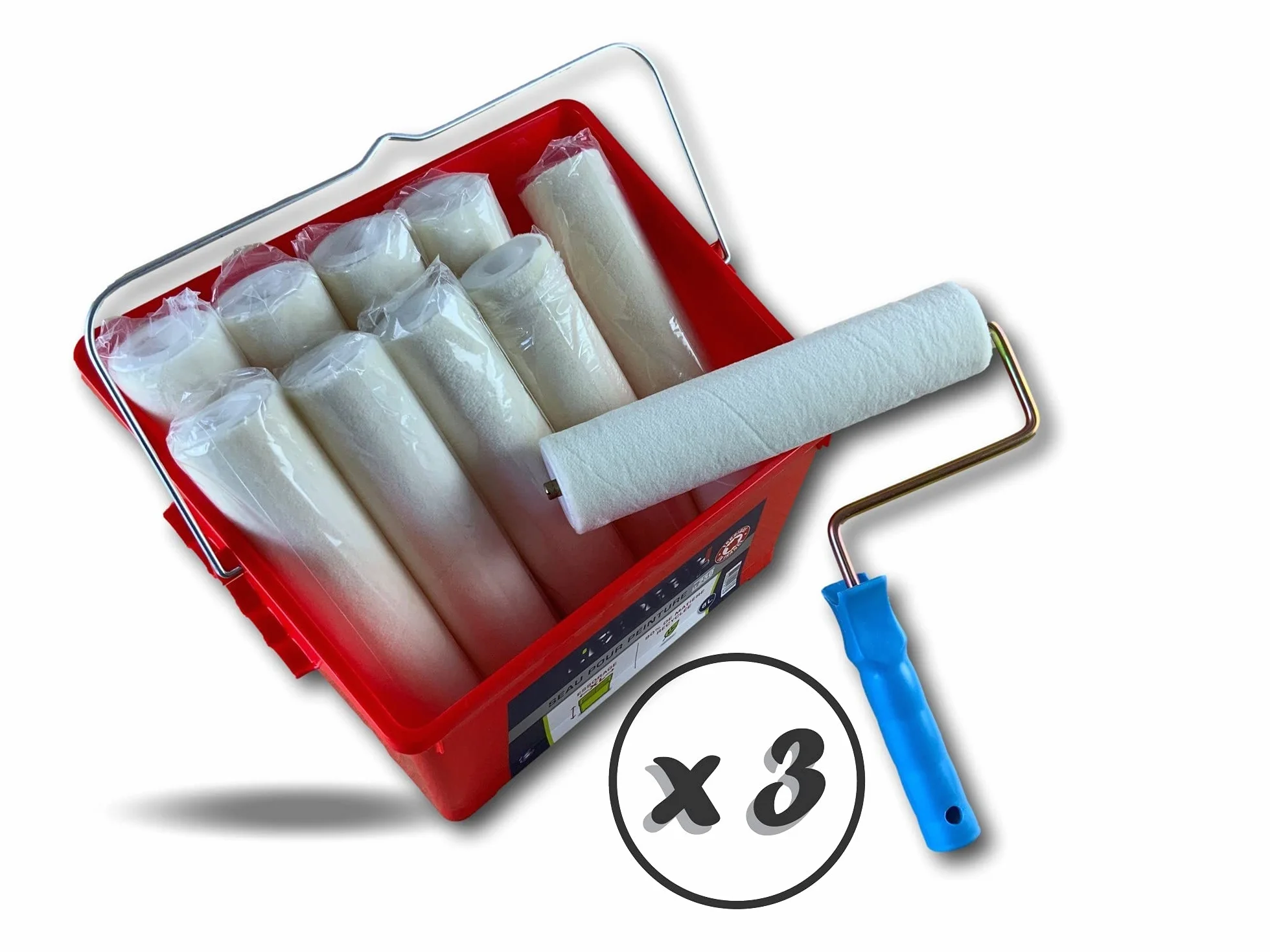 Kompletny zestaw farb | Zestaw 3 | 10 rękawów z 1 oprawką | Wiadro 8 litrów | Długość 250 mm | Tuleje z aksamitu do przykręcania | Duże powierzchnie | Zintegrowana siatka wirująca | Kibros SOASYM02x3