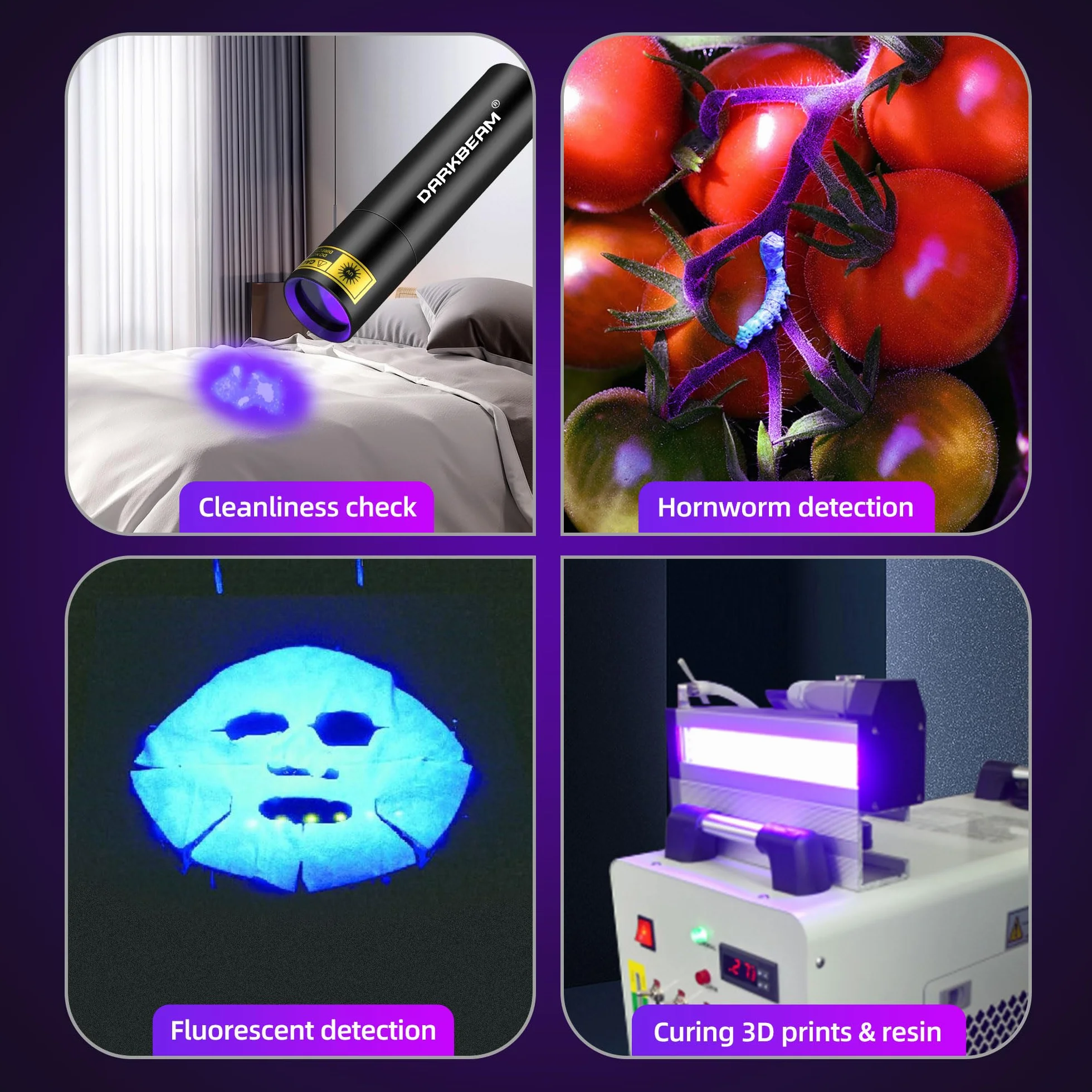 DARKBEAM Latarka UV 395nm Blacklight, Mini Potężna Lampa Leśna USB-C Akumulator, Latarki LED Ultrafioletowe Wykrywacz moczu zwierząt domowych do skał, szkła uranowego, utwardzania żywicy