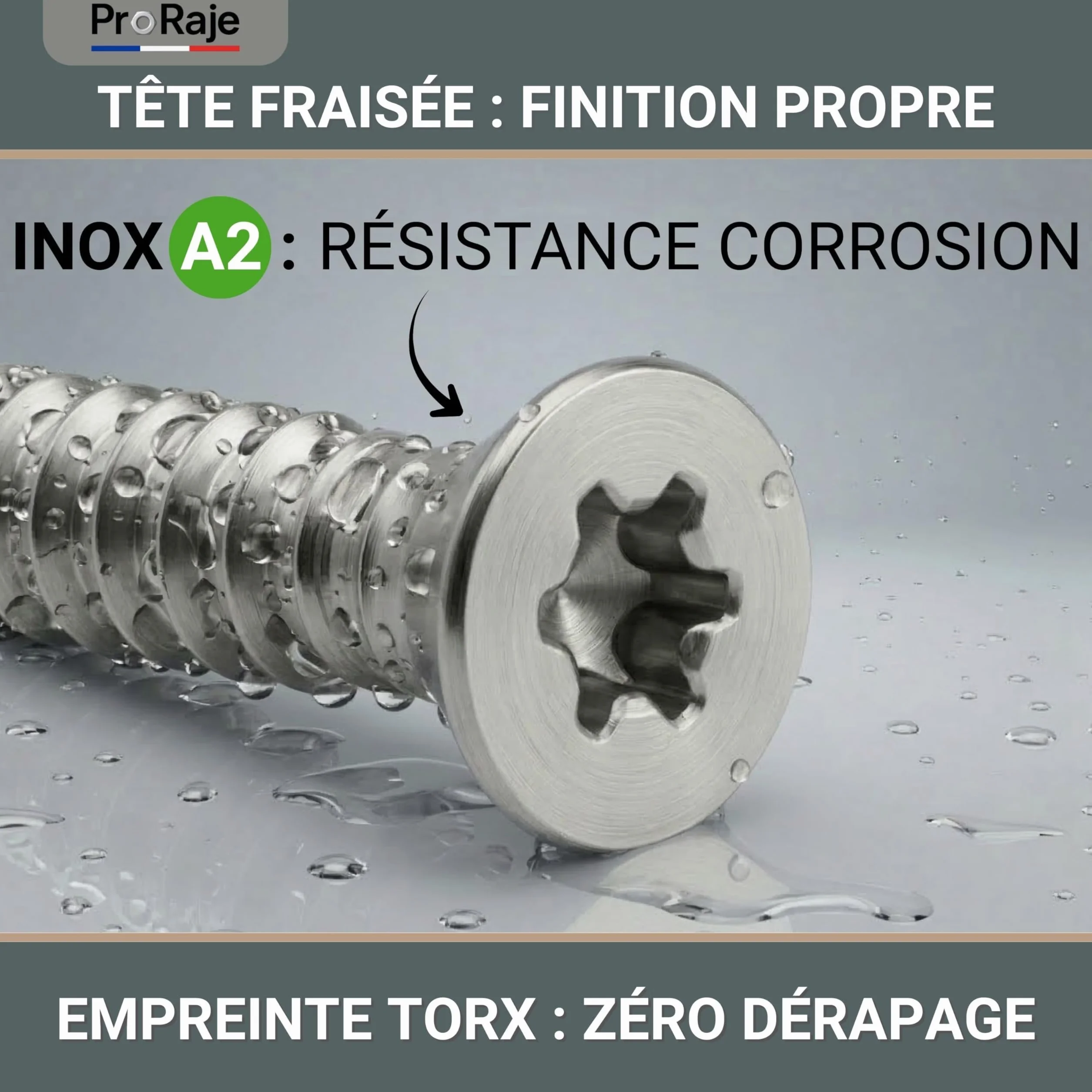 Wkręt do drewna ze stali nierdzewnej A2: 5 x 100 mm (gwint 60mm) | Głowica stożkowa TORX (TX) | Stal nierdzewna A2 (V2A / AISI 304) | Konstrukcja/płyta wiórowa/taras/itp.: Zestaw 400 szt