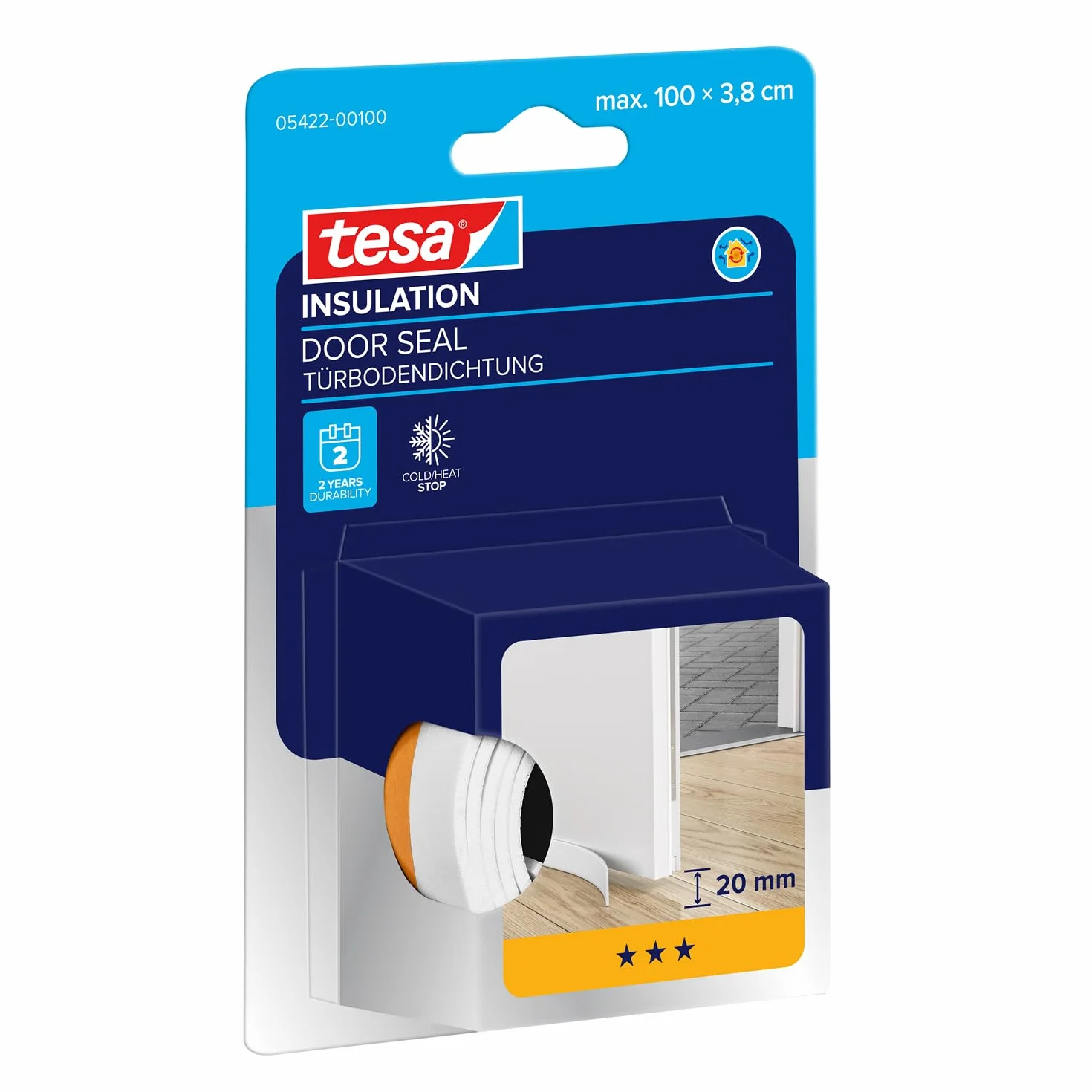 tesa INSULATION uszczelka do drzwi - samoprzylepna piankowa uszczelka dolna do drzwi - uszczelka do drzwi pokojowych chroniąca przed zimnem, przeciągami, kurzem i wilgocią - biała - 1 m x 38 mm
