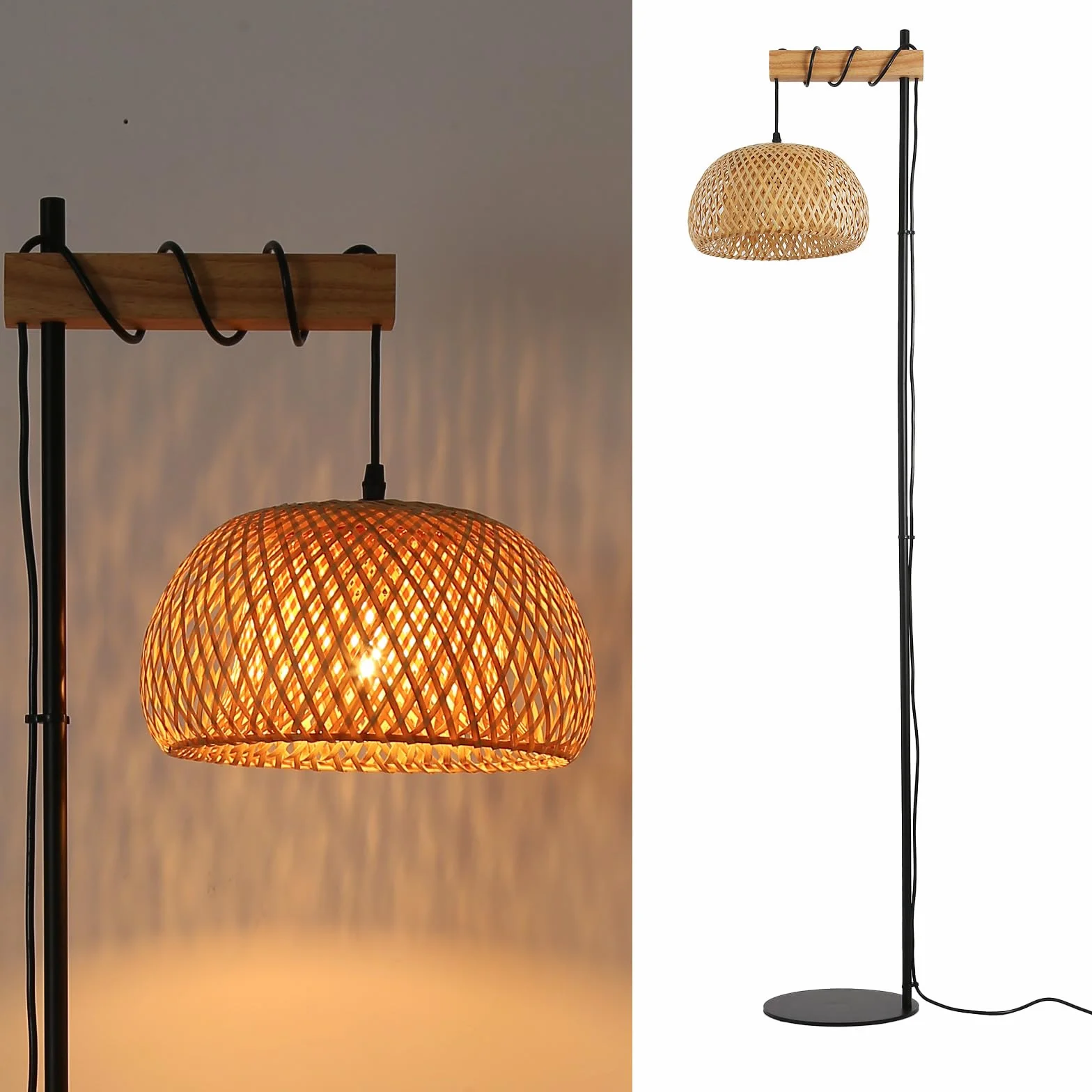 Alpinaluz Ręcznie wykonana lampa podłogowa z naturalnego wiklinowego klosza - czarna i drewniana rama, ultracienka podstawa, przełącznik nożny - nowoczesny styl Boho, wysokość 157 cm, E27