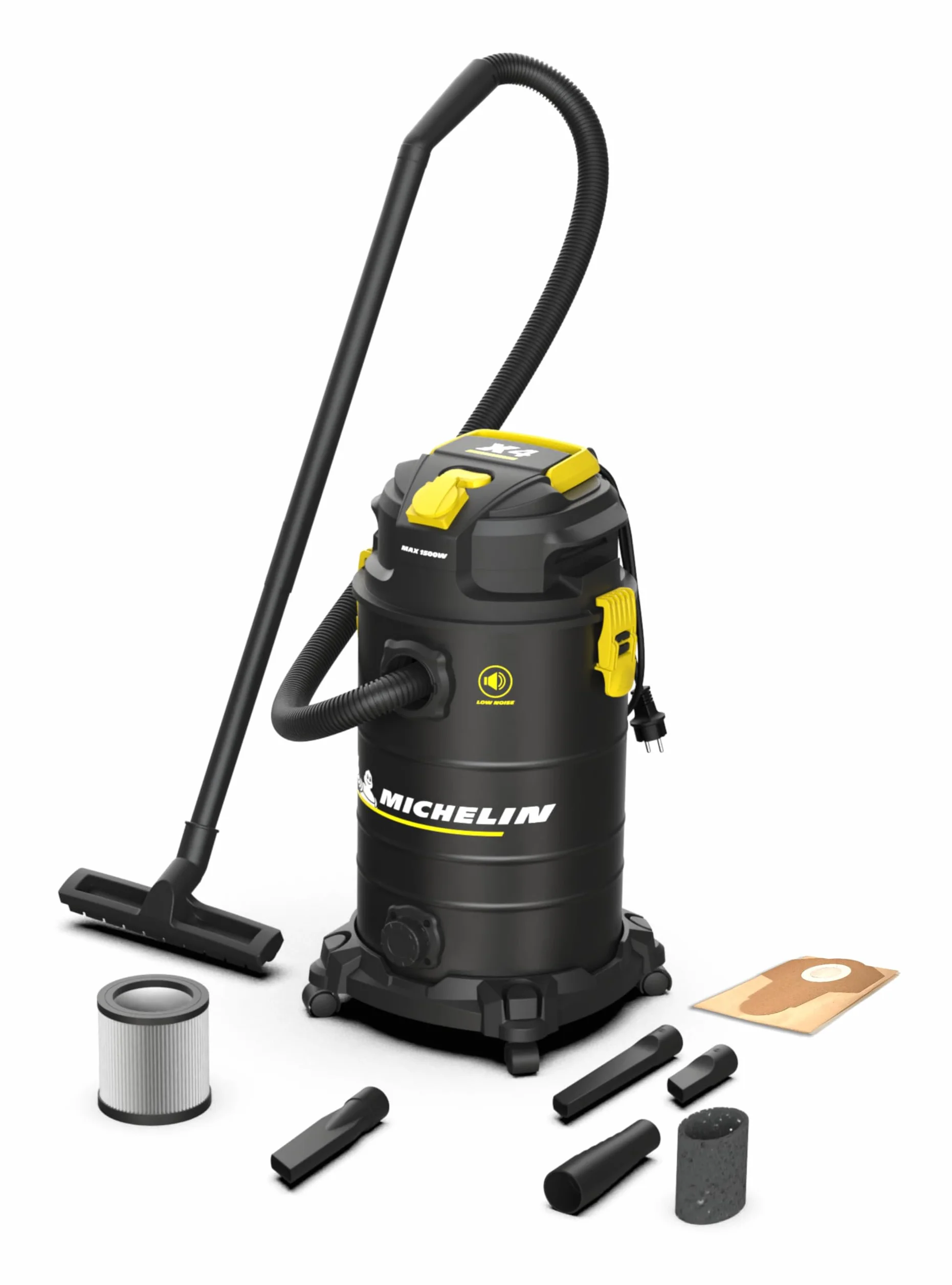 MICHELIN, X4 30L S odkurzacz stały i ciecz, cichy zakres, zbiornik ze stali 30 l, z gniazdem elektronarzędzi, 1000 W, w komplecie z akcesoriami, funkcja dmuchania, 19 kPa