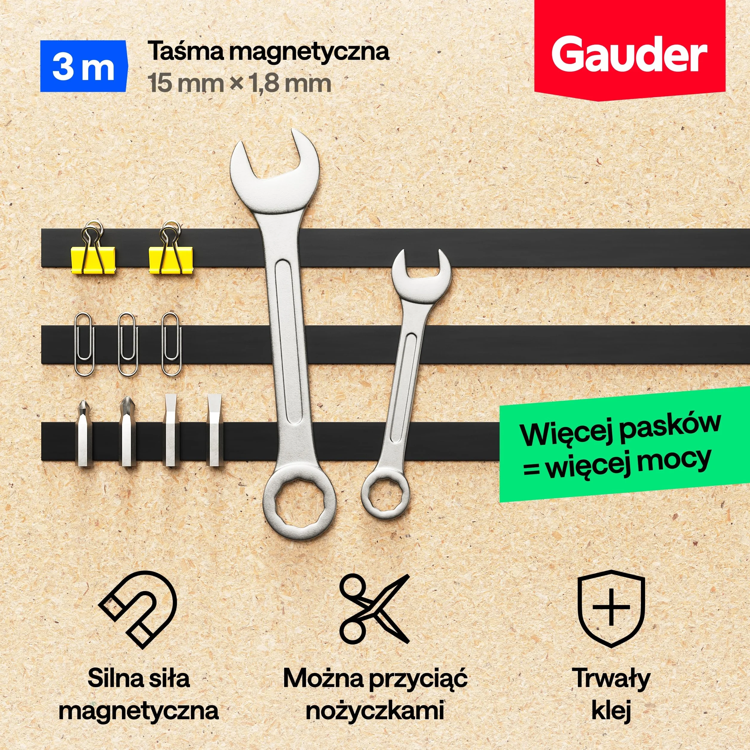 GAUDER Taśma Magnetyczna Samoprzylepna Mocna - Magnetyczny Pasek do Cięcia o Wysokiej Przyczepności - Taśma z Mocnym Klejem (3 m x 15 mm)