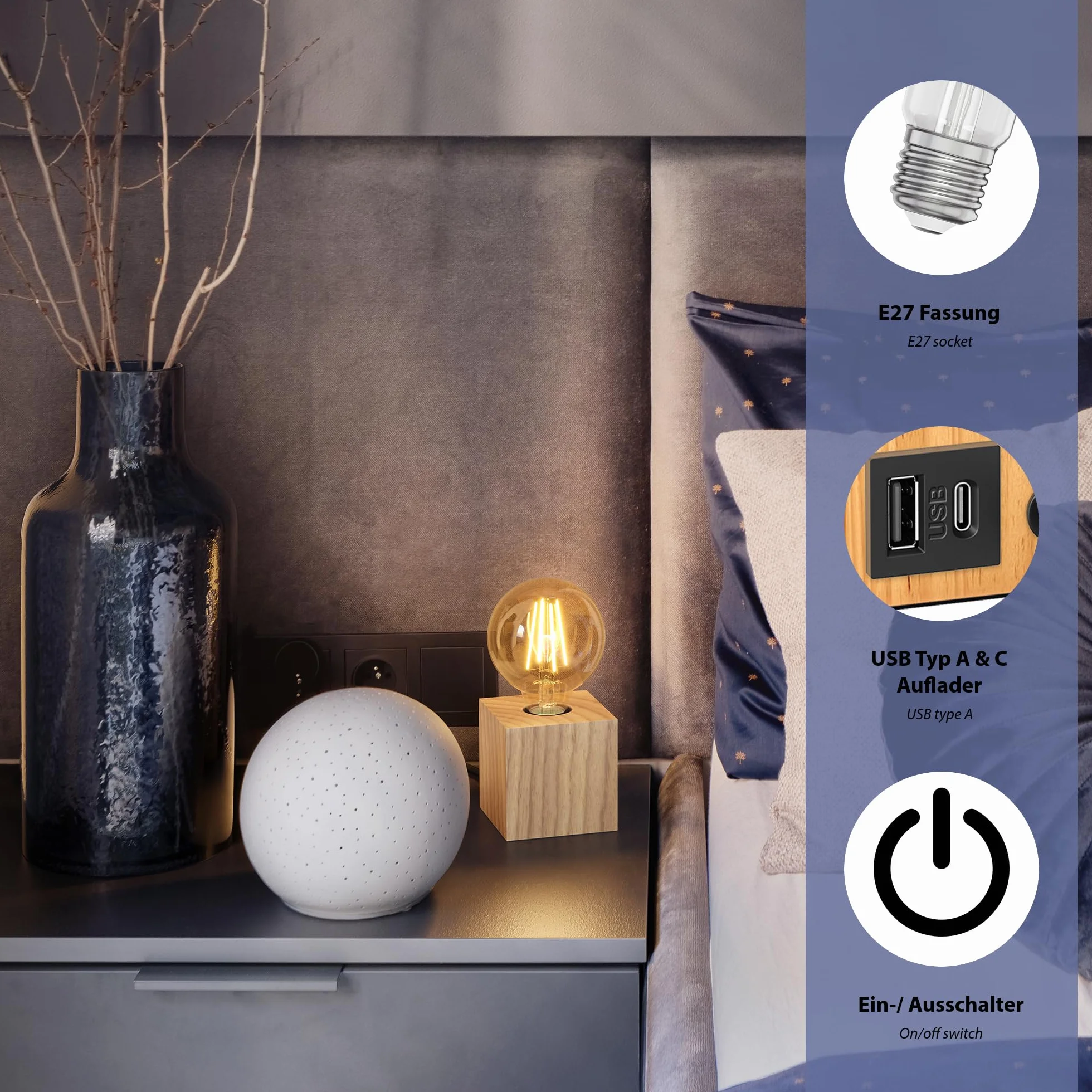 ledscom.de 2x lampa stołowa HITO, z litego drewna, prostokątna, z zasilaniem USB, w zestawie żarówka E27 w kolorze złotym, 471 lm, bardzo ciepła biel