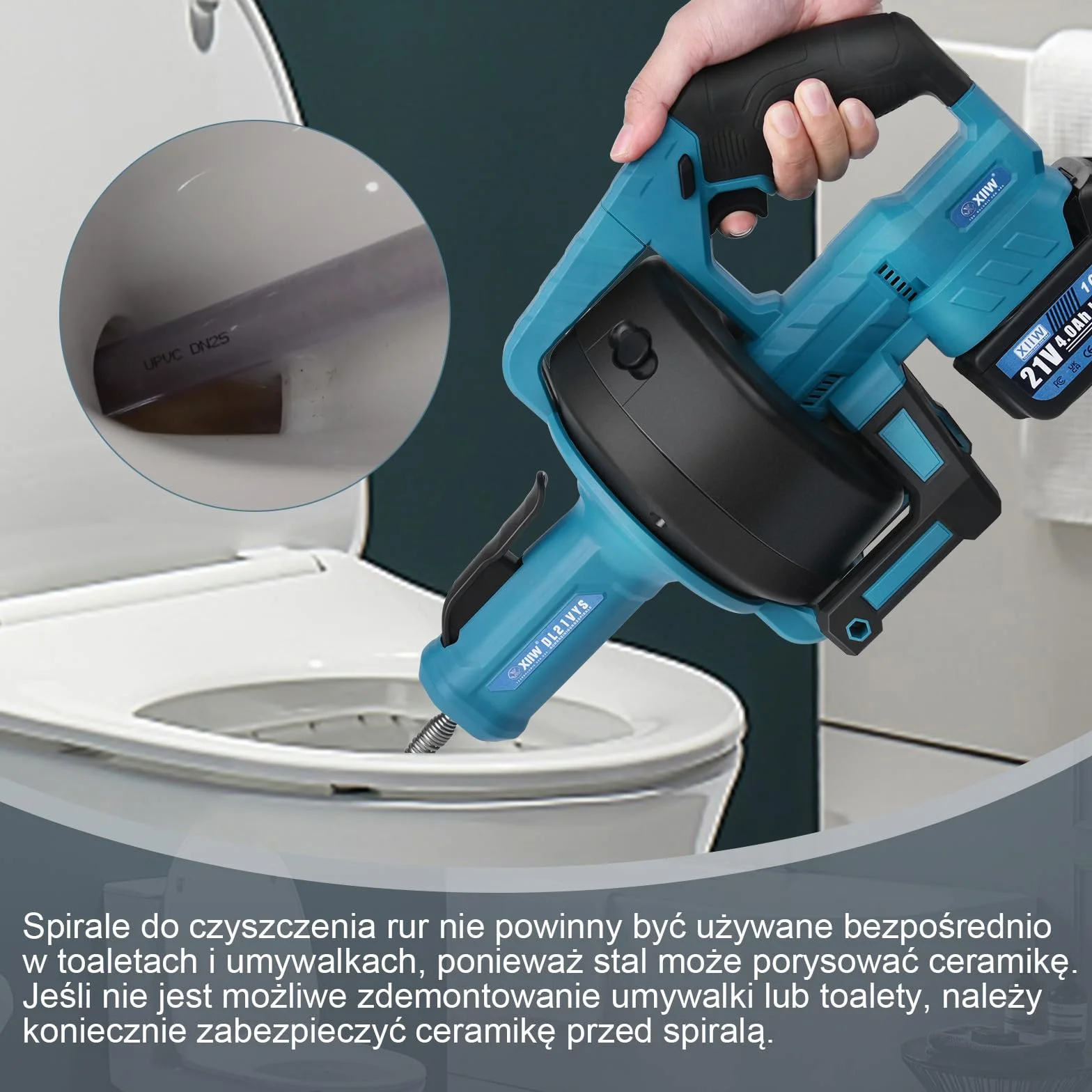 Akumulatorowa maszyna do czyszczenia rur 21V 610 obr./min | z 2x akumulatorami 4,0Ah | Ø9mm 7,6M spirala do czyszczenia rur do rurociągów Ø16-85 mm, elektryczny czyszczyk odpływów, czyszczyk rur