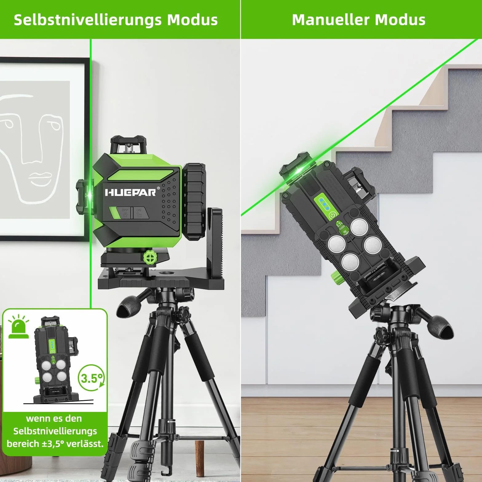Huepar 4x360 Laser Cross Line 4D Automatyczne poziomowanie Zielone światło Linia krzyżowa 16 linii do płytek podłogowych Narzędzie laserowe-2x360 Pozioma/pionowa linia laserowa-Akumulator 704CG