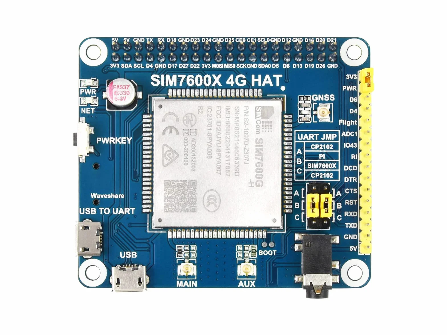 Waveshare SIM7600G-H 4G CZAPKA kompatybilna z Raspberry Pi 4B/3B+/3B/2B/1B+/Zero 2 W/Zero W/Jetson LTE Cat-4 4G/3G/2G GNSS