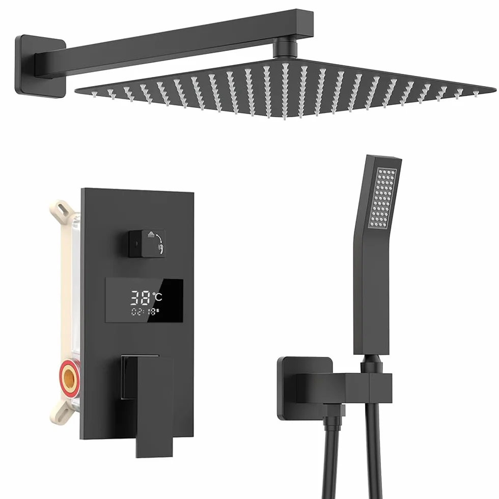 System prysznicowy, czarny, podtynkowy, armatura prysznicowa, 30 x 30 cm, system prysznicowy z wyświetlaczem LCD, deszczownica czarna, słuchawka prysznicowa 200 mm, mosiężny korpus, wąż prysznicowy