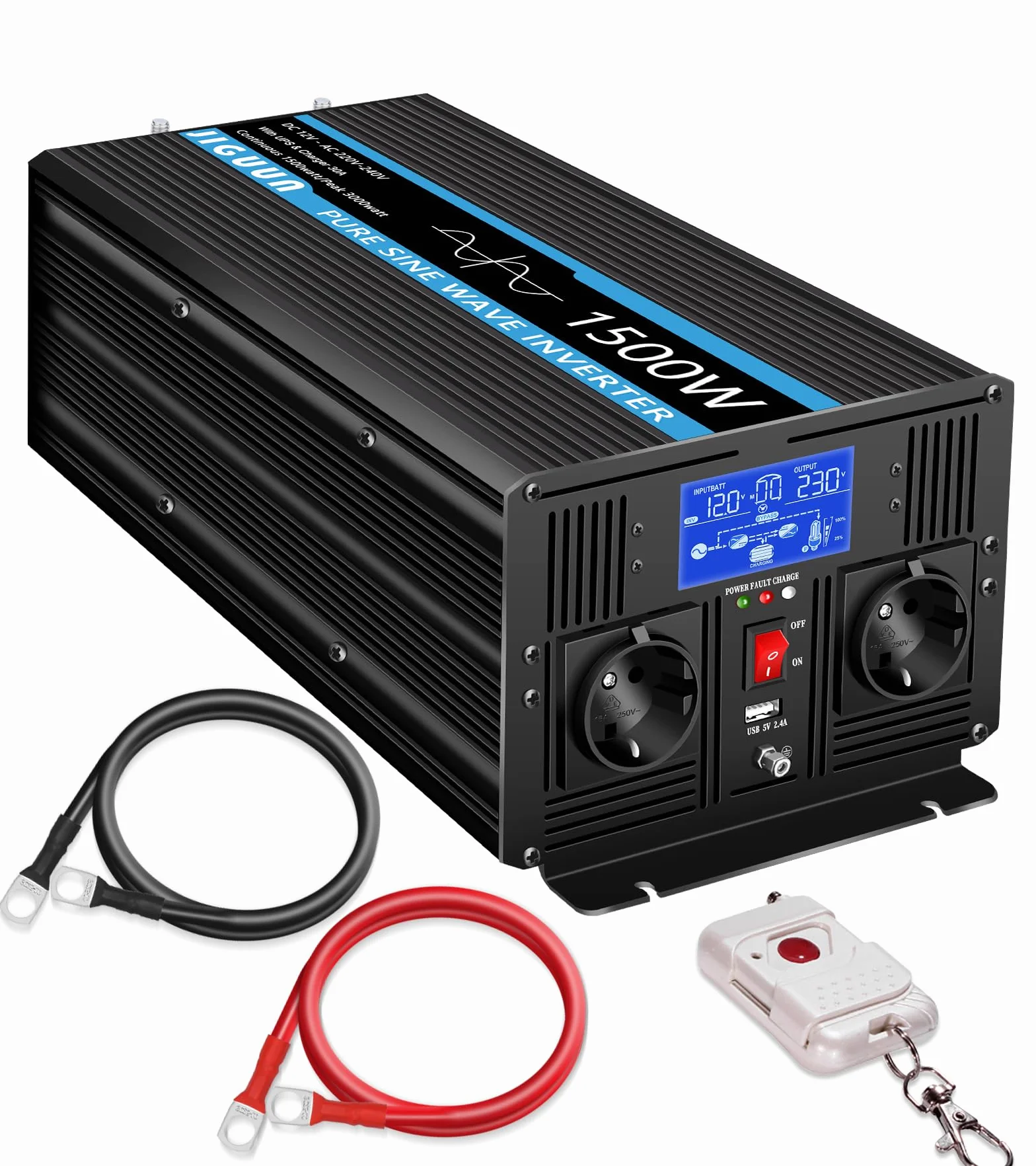 JIGUUN Przetwornica napięcia 1500 W 3000 W 12 V 230 V 30 A USV 2 gniazda EU pilot LCD