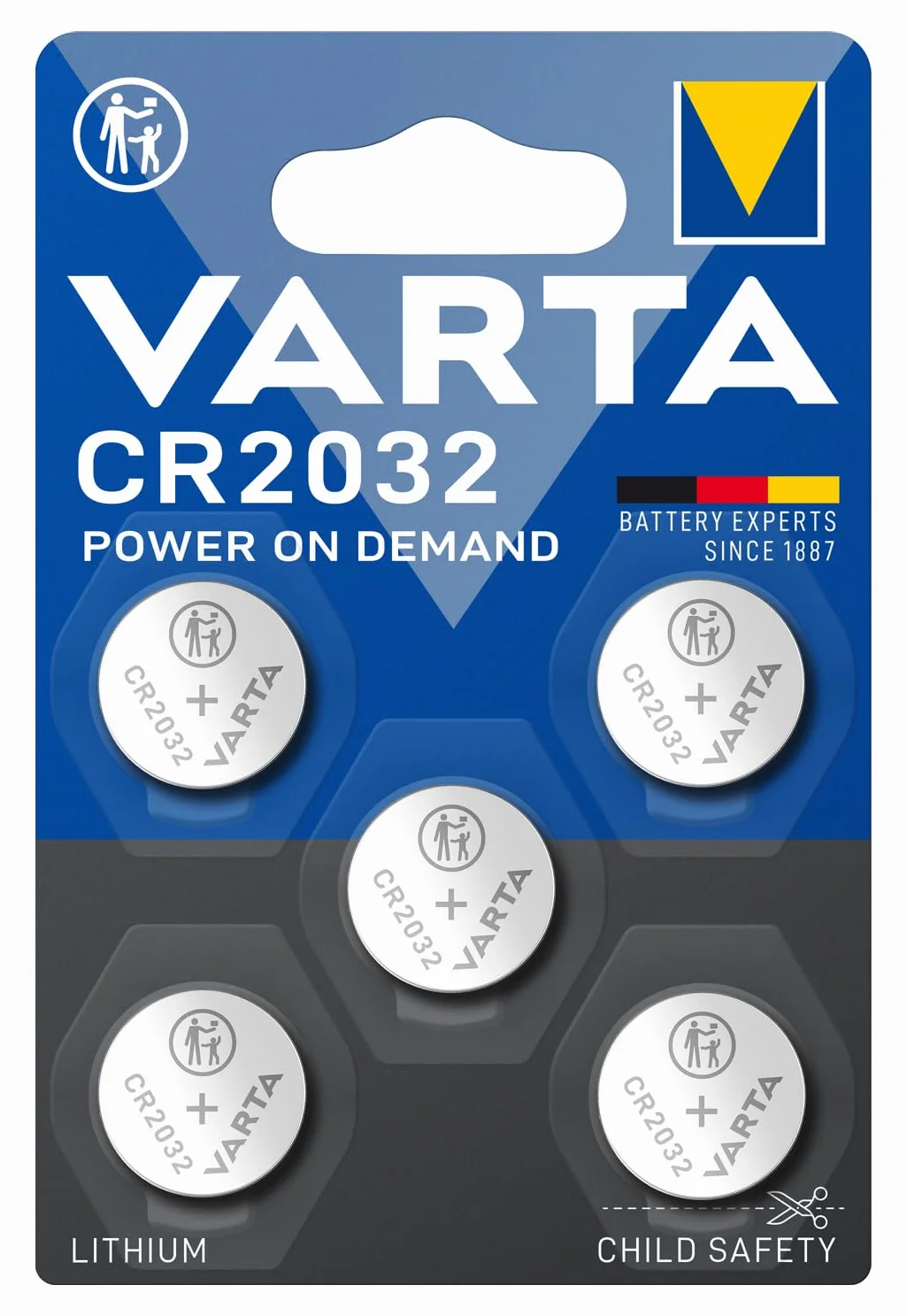 VARTA Baterie Guzikowe CR2032, opakowanie 5 szt., Power on Demand, Lithium Coin, 3V, opakowanie zabezpieczone przed dziećmi, do małych urządzeń elektronicznych - pilotów, wag