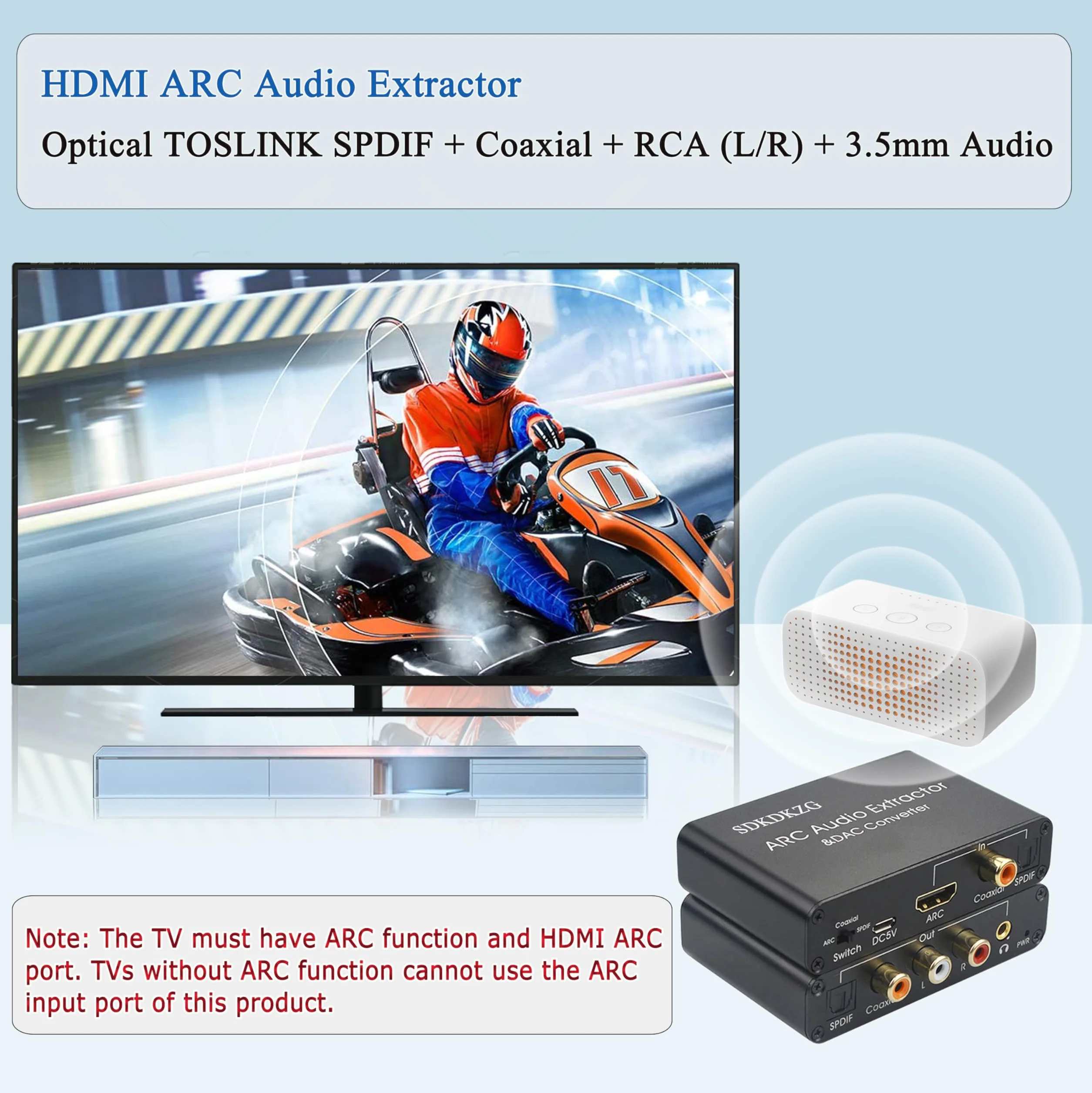 192KHz DAC Konwerter, HDMI ARC Ekstraktor Adapter, HDMI/Cyfrowy SPDIF Optyczny Toslink Koncentryczny do Analogowe RCA 3,5mm Jack L/R Współosiowy SPDIF Audio Konwerter dla HDTV Soundbar