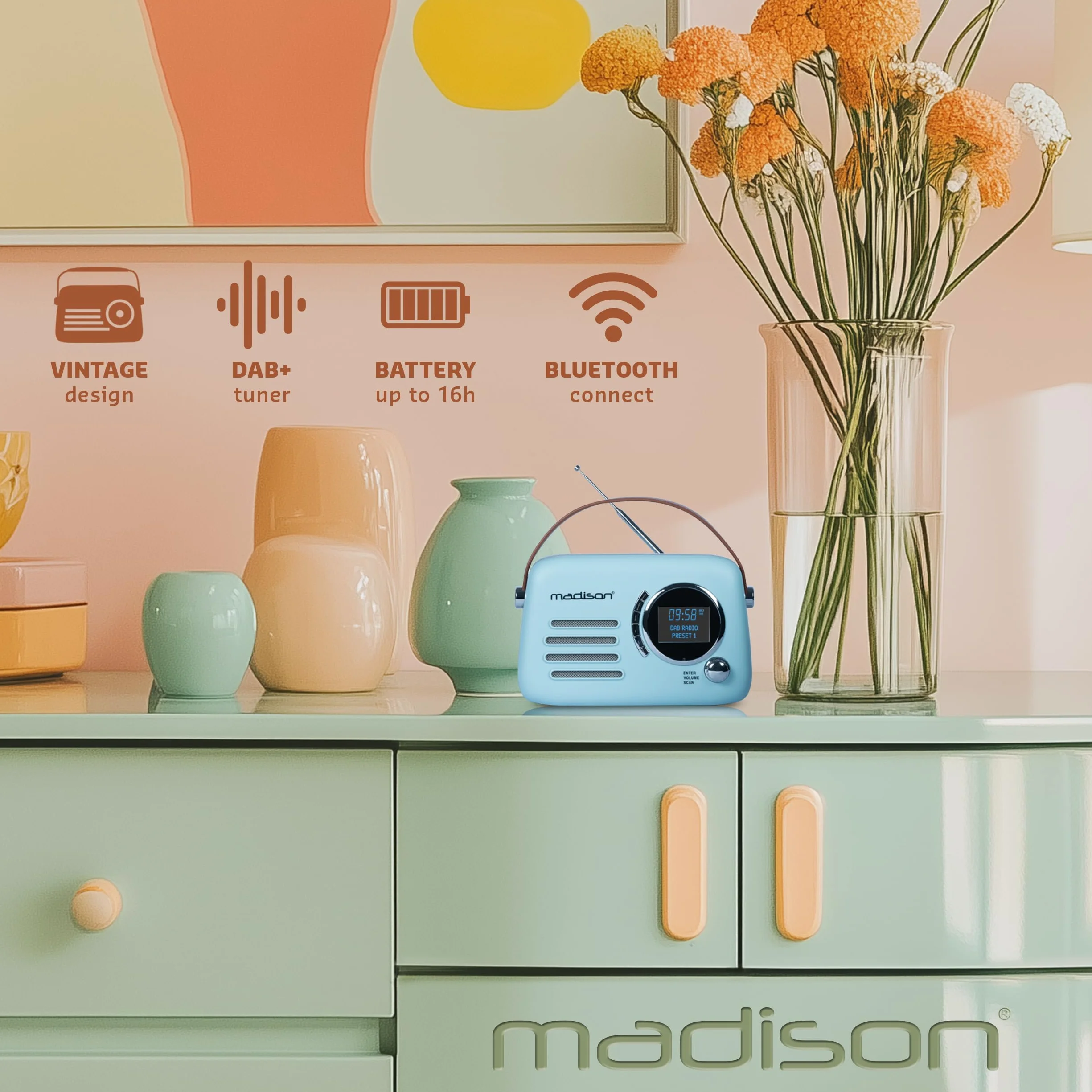 Madison FREESOUND-VR30BL-DAB Radio DAB+ Vintage z Baterią Długiej Żywotności DAB+ FM Bluetooth USB Subwoofer Matowy Niebieski