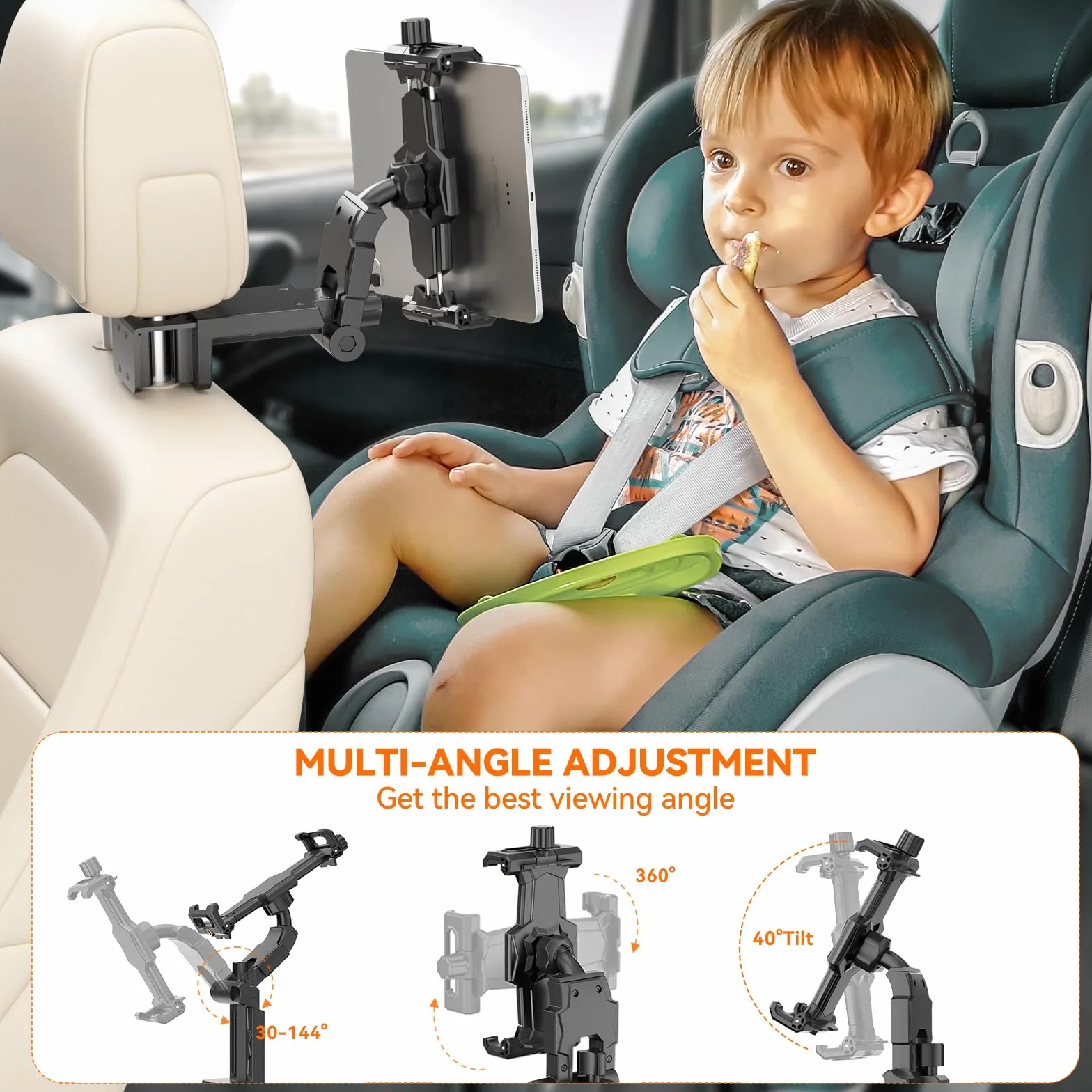 KDD Uchwyt na zagłówek samochodowy, uchwyt na tablet, regulowany 360°, tylne siedzenie dla dzieci i biurka, akcesoria Road Trip Essentials, kompatybilne z iPadem Pro, Air, Switch, Galaxy, telefonem i