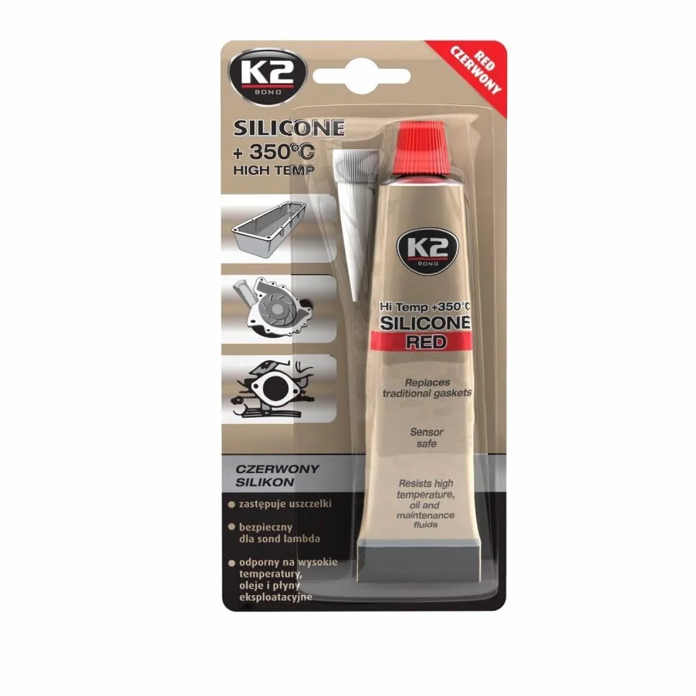 K2 Silikon wysokotemperaturowy, masa uszczelniająca, silikon uszczelniający, odporny na wysokie temperatury do +350°C, czerwony, 85 g