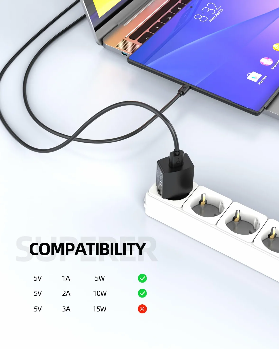 Superer Ładowarka Micro USB Kompatybilny z Kindle Paperwhite Fire HD 10, zasilacz do tabletów i telefonów 5 V, 2 A, 10 W
