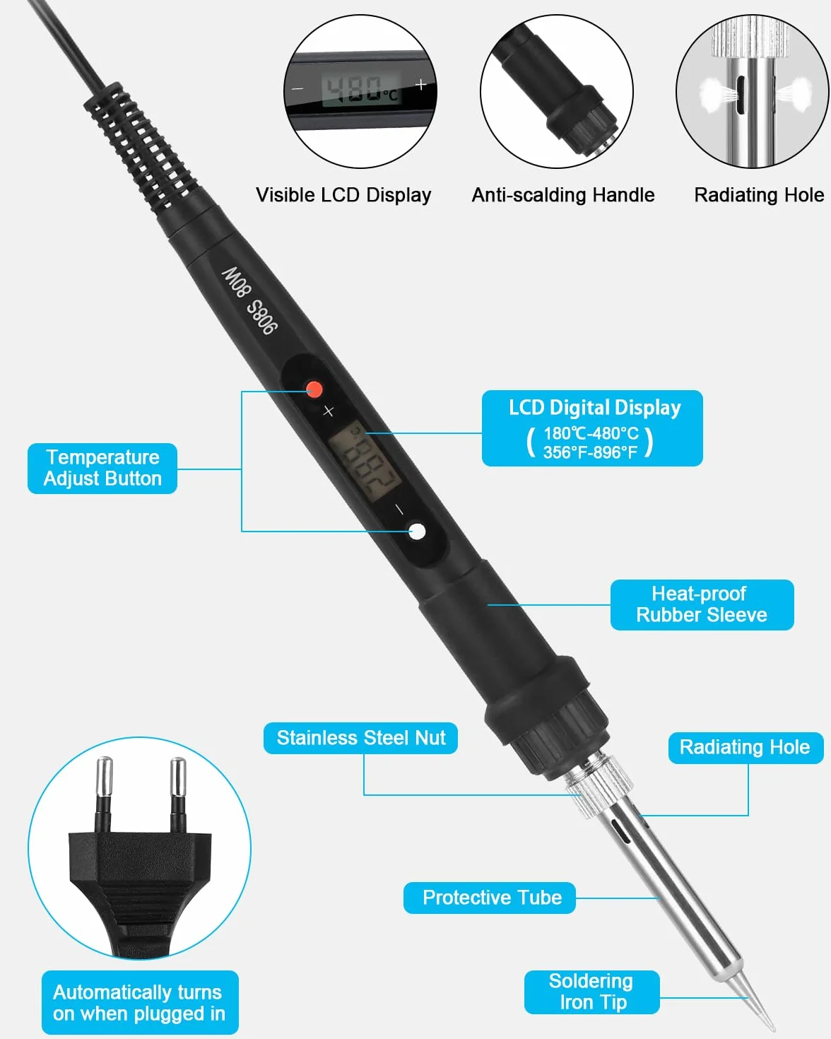 Zestaw lutownicy​, 80 W LCD lutownica z regulacją temperatury 180-480°C z pompą rozlutowującą, drutem lutowniczym, 5 grotami lutowniczymi, stojakiem do lutownicy, zestaw do lutowania do prac