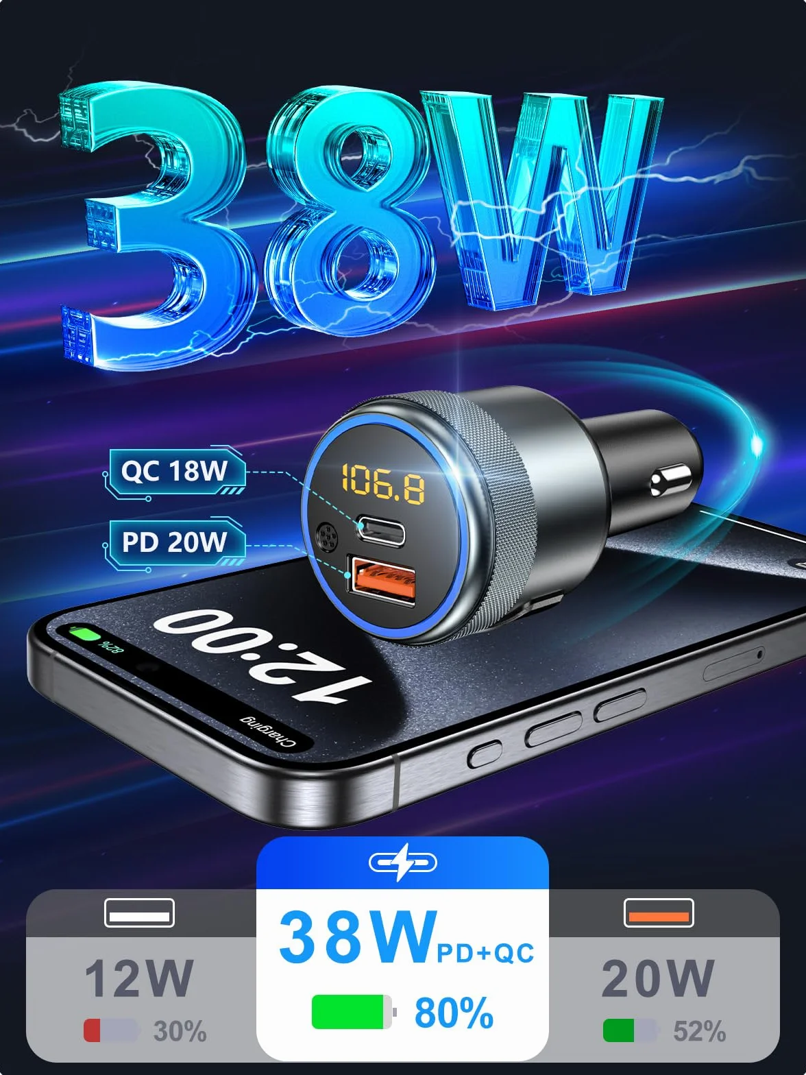 LENCENT 5.1 Nadajnik FM Bluetooth Samochodowy Bezprzewodowy Adapter Radiowy z PD3.0 USB-A i QC3.0 USB-C Ładowarka