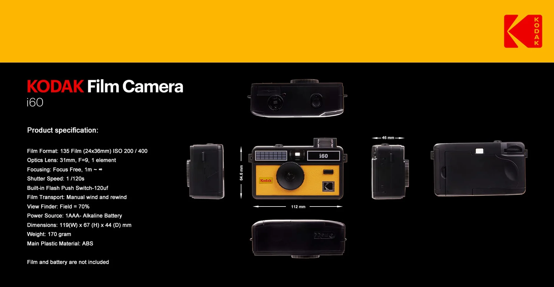 Kodak Kamera filmowa i60 35 mm retro, wbudowana lampa błyskowa, żółta