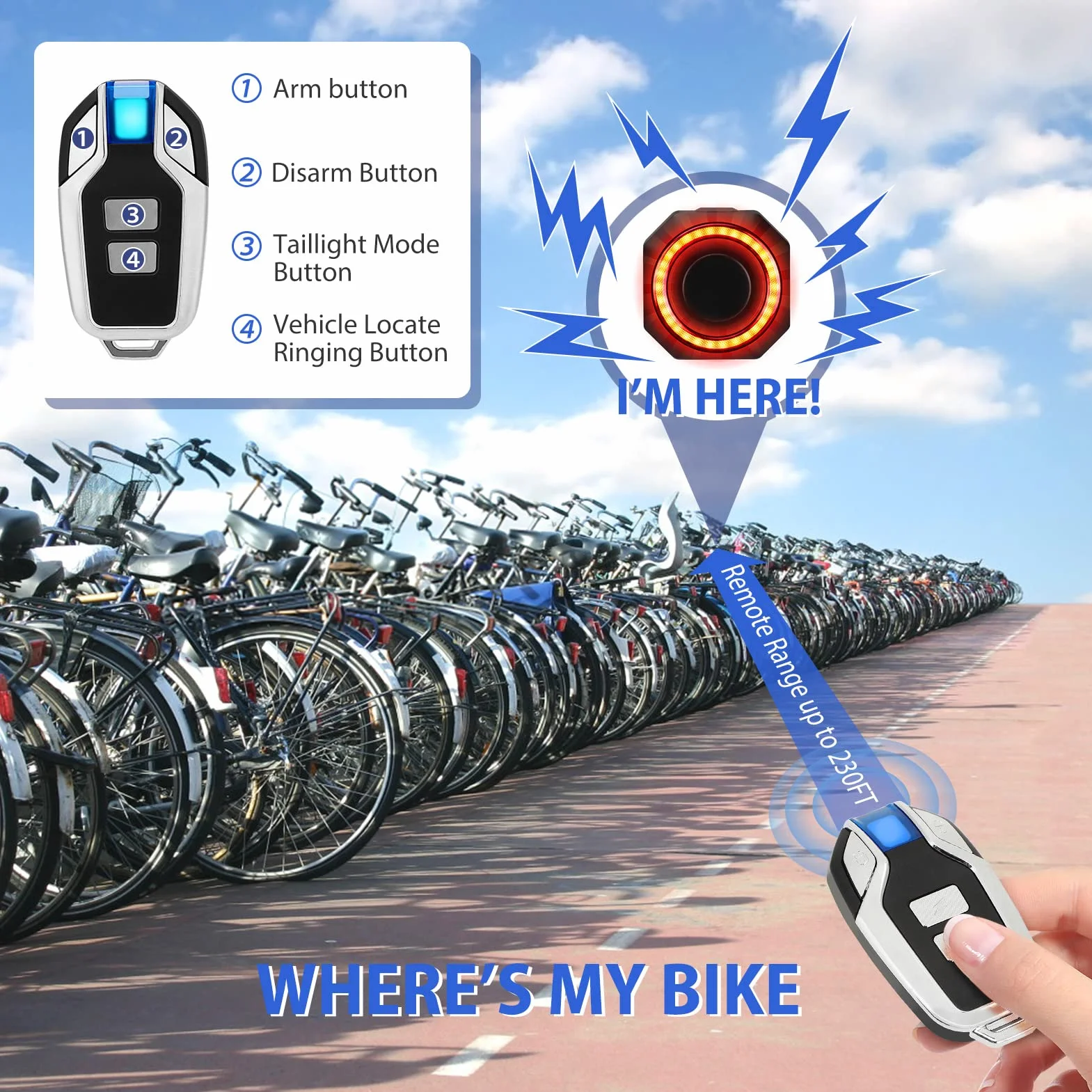 Budzik rowerowy, z akumulatorem USB, z tylnym światłem, bezprzewodowy alarm motocyklowy z uchwytami montażowymi, inteligentny z alarmem rowerowym, pilot zdalnego sterowania 110 DB, super