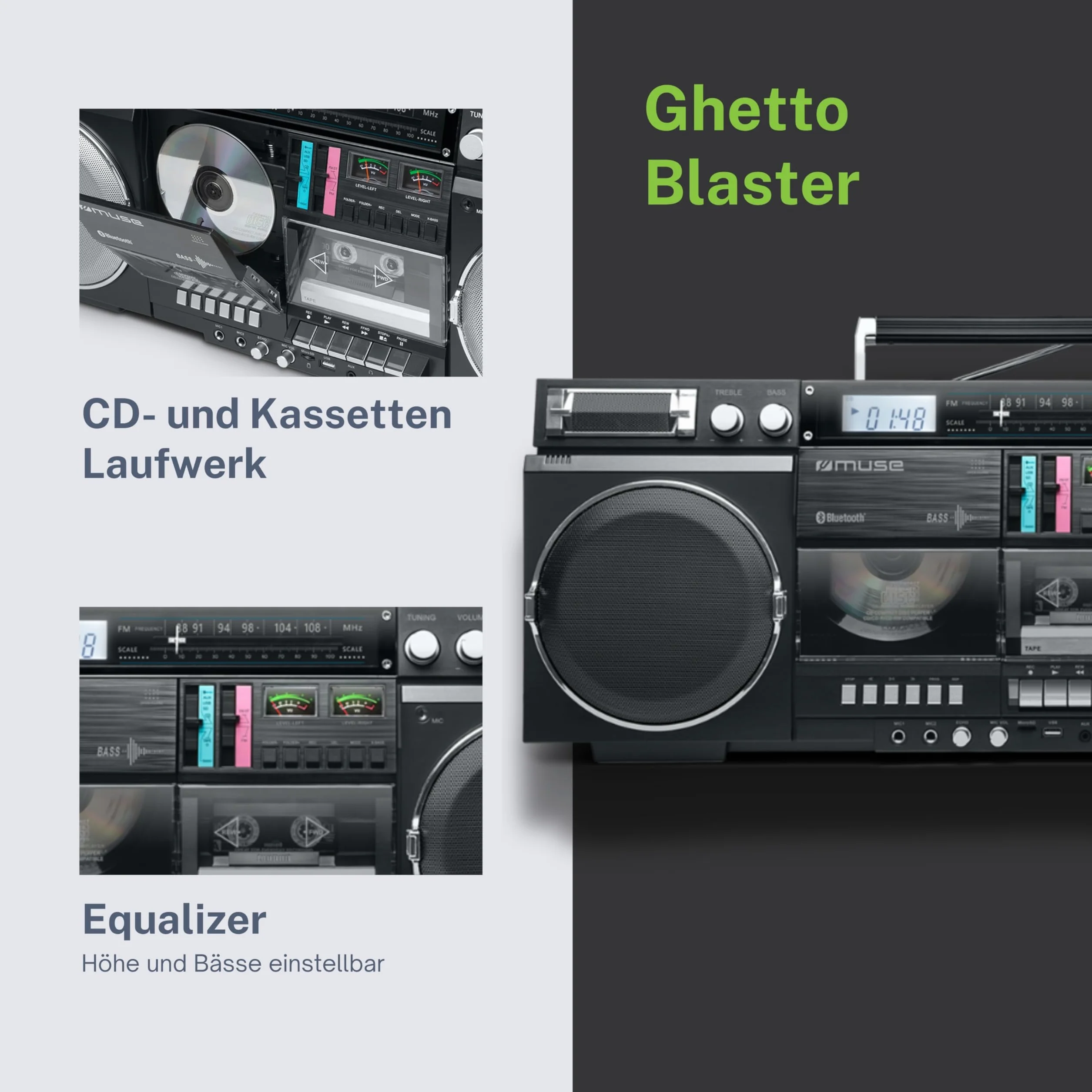 MUSE Boombox Bluetooth Retro z radiem CD magnetofonem 80 W USB Aux micro SD