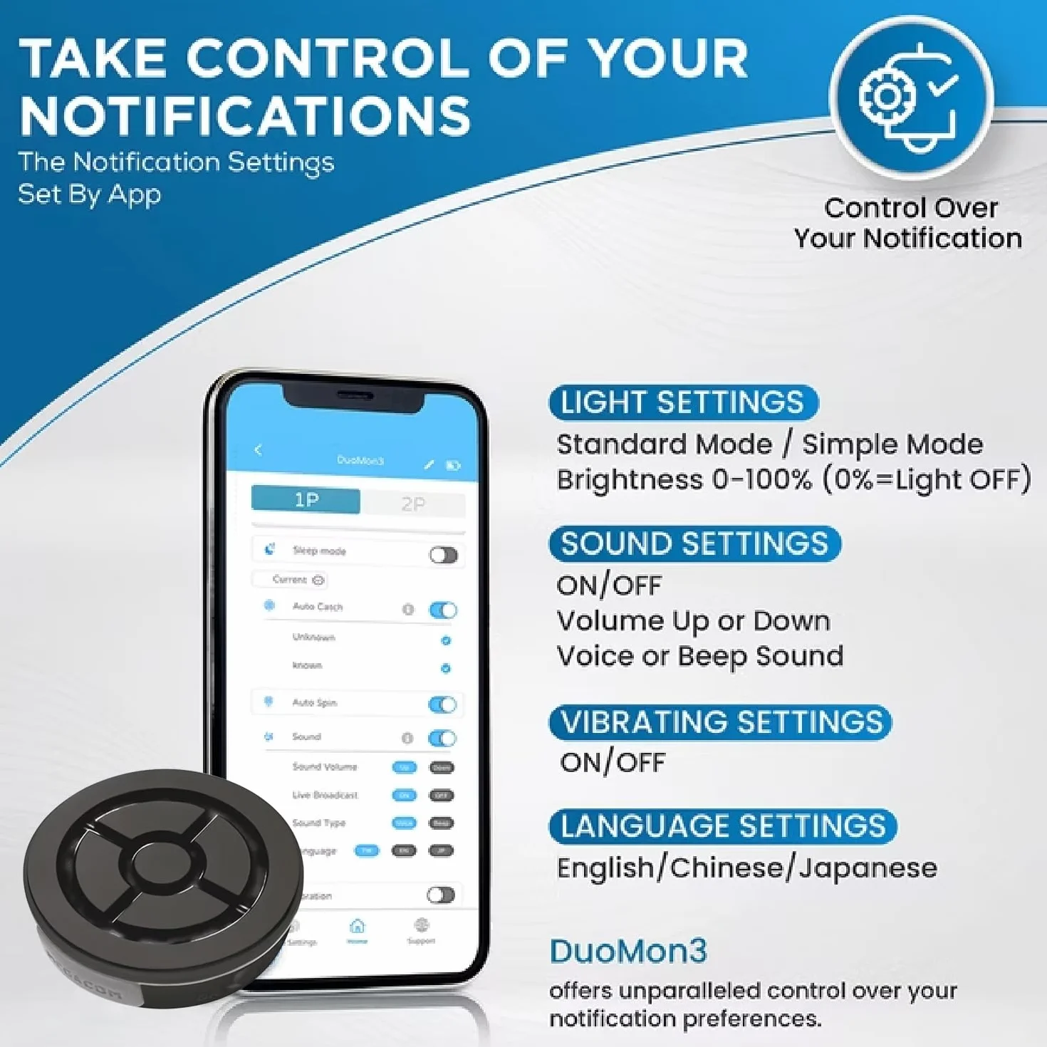 MEGACOM DuoMon 3 Standard Auto Catch Spin Device Wireless Bluetooth 20m Vibration Notifications Dual Charging Player iOS 14+ Android 8+
