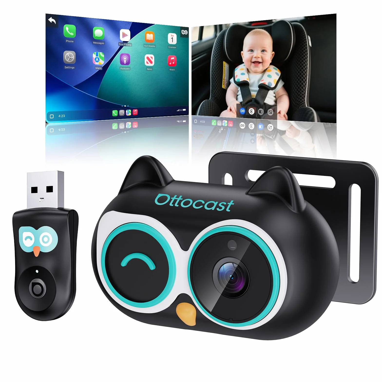 Ottocast Cabin Care 2026 Mini Bezprzewodowy Adapter CarPlay Kamera 1080P 150° Szerokokątny Widok na Tył USB-A