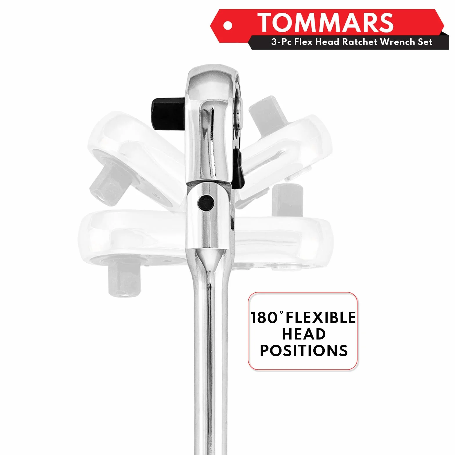 TOMMARS Flex-Head Stubby Zestaw grzechotkowy, 1/10.2 cm, 3/20.3 cm, 1/5.1 cm, elastyczny mini klucz z grzechotką, 72-zębowy szybkozłączny, odwracalny
