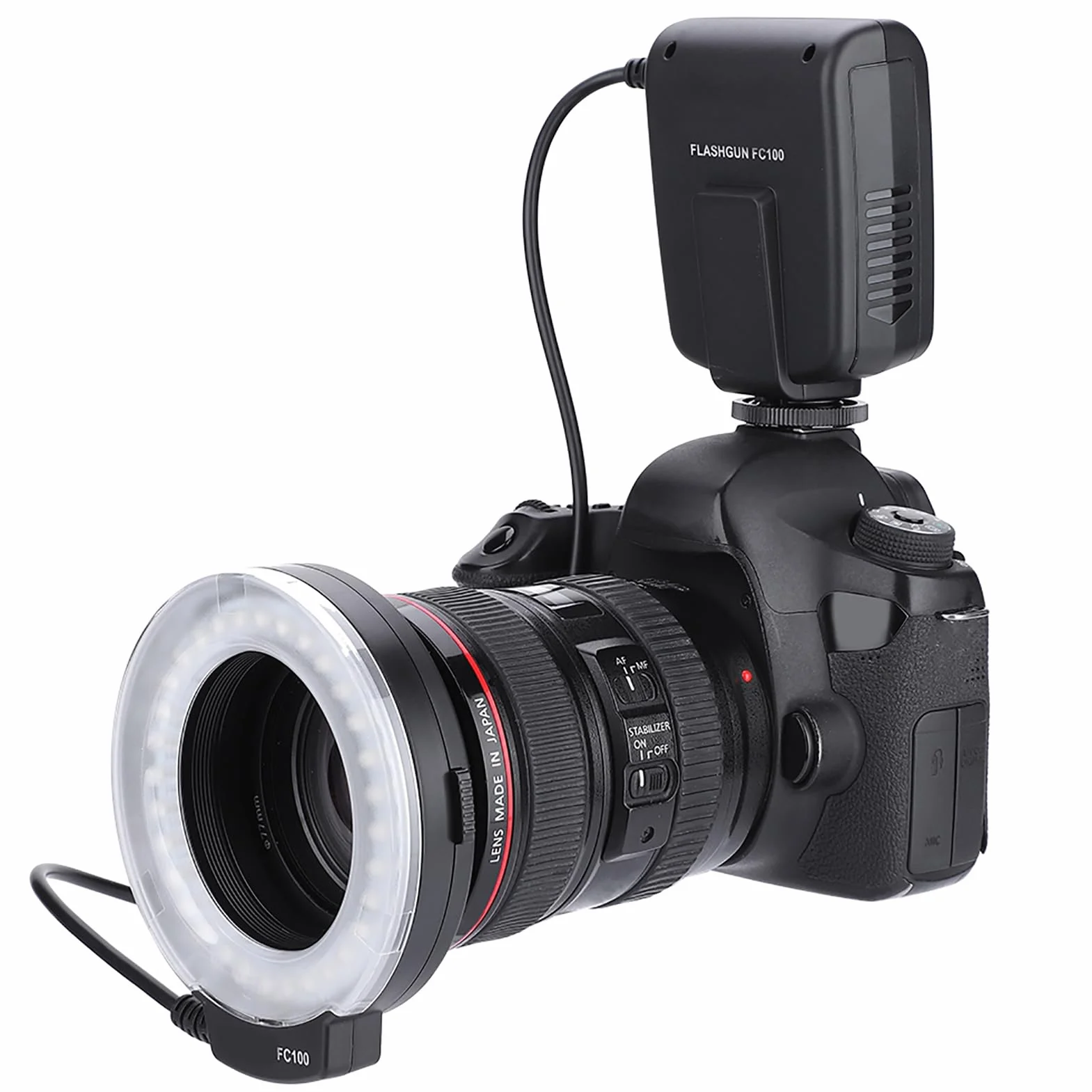 FC-100 Macro Universal LED flash ring, studyjna fotograficzna 5000K regulowana do 7 poziomów z pierścieniem adaptera 40,5 mm / 52 mm / 55 mm / 58 mm / 62 mm / 67 mm / 72 mm