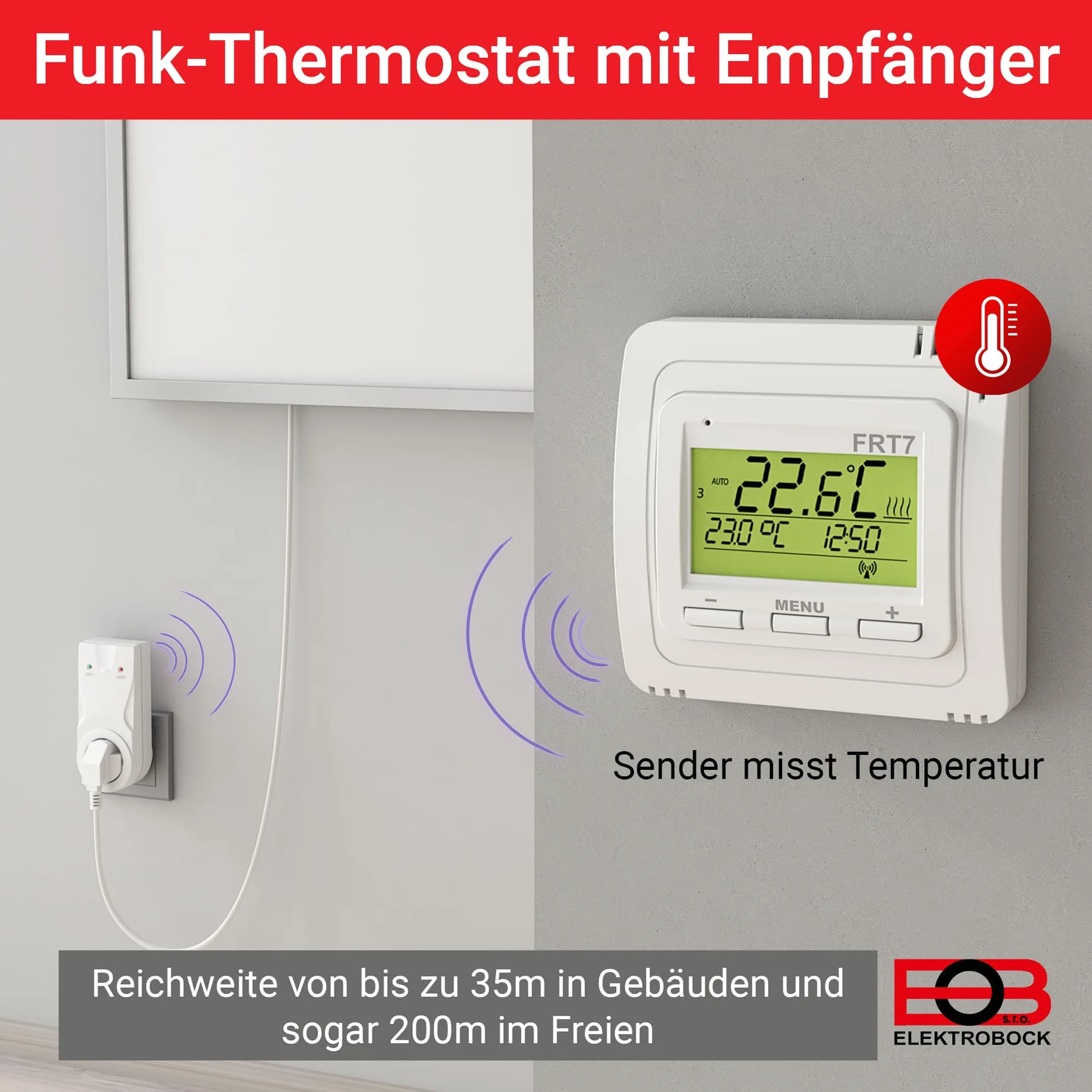ELEKTROBOCK FRT7B3 radiowy termostat pokojowy z podstawką, postawić w dowolnym miejscu, z odbiornikiem, duży zasięg, do ogrzewania elektrycznego i ogrzewania na podczerwień, biały
