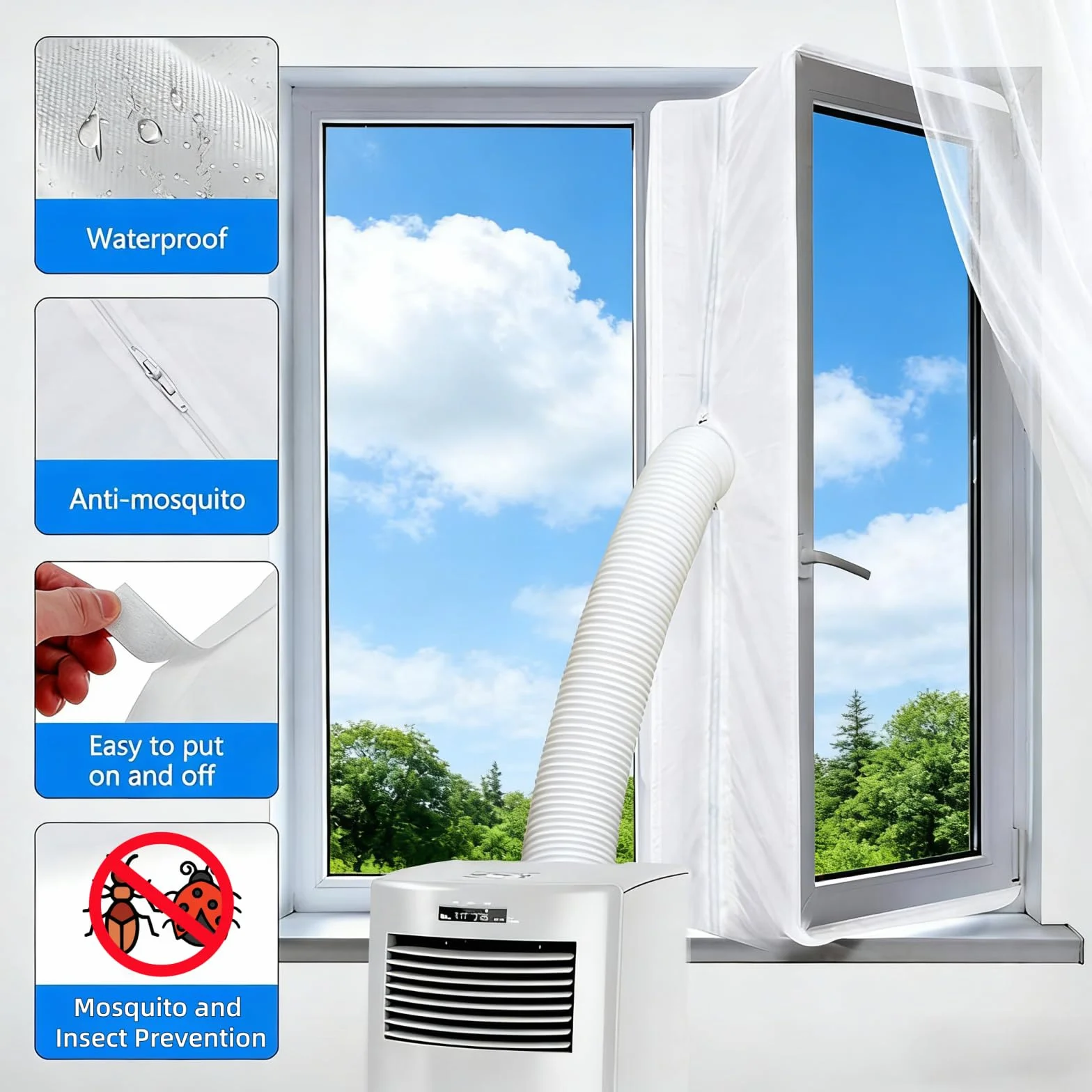 300 cm Uszczelka okienna do mobilnej klimatyzacji, przenośna tkanina uszczelniająca do klimatyzacji z podwójnym zamkiem błyskawicznym, łatwa instalacja