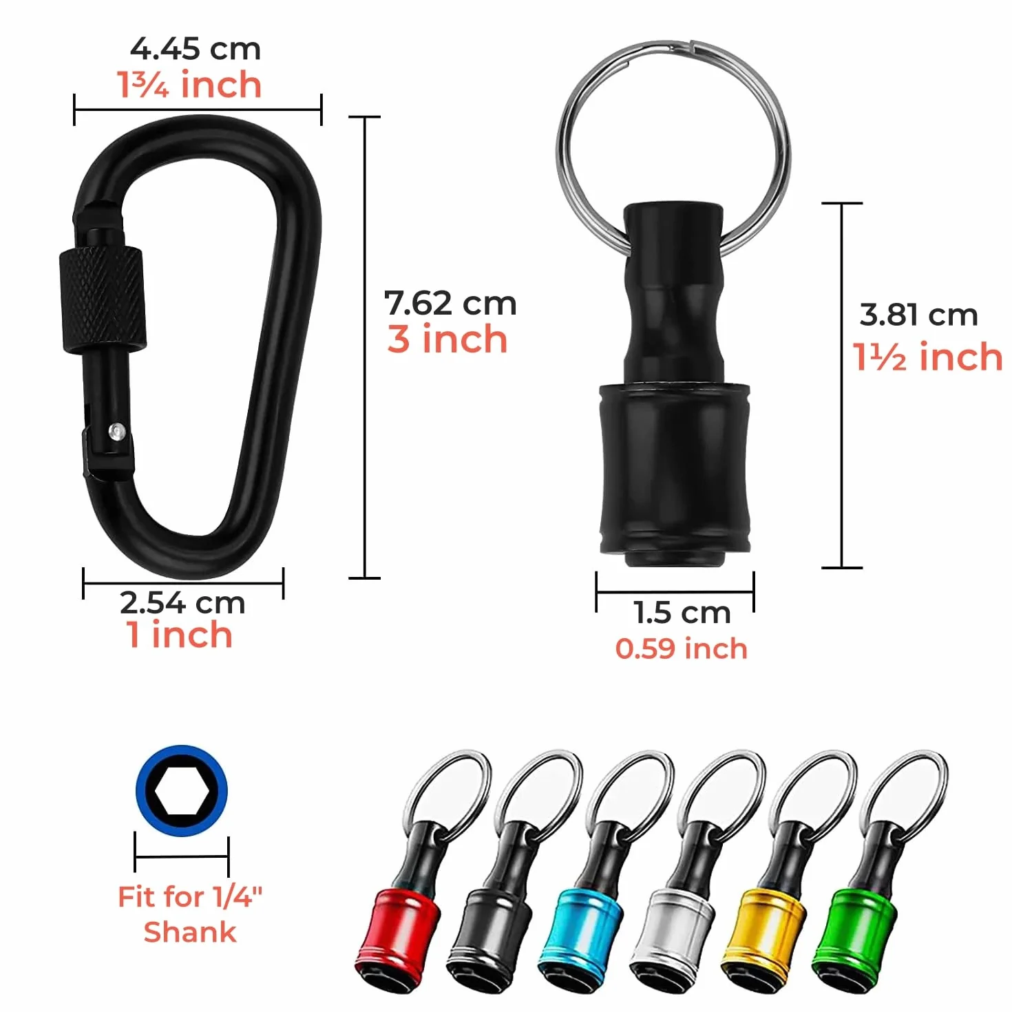 6 szt. 1/10.2 cm uchwyt na śrubokręt ze stopu aluminium, przedłużacz pręt wiertarski adapter zmiana breloka przenośny, z czarnym karabińczykiem (bity nie są dołączone)