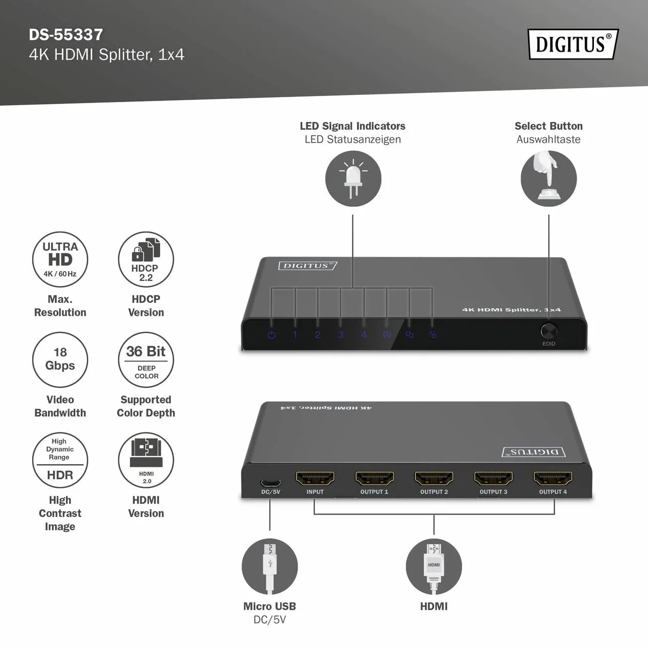 DIGITUS DS-55337 Rozdzielacz HDMI 1x4 - Wejście: 1-port/Wyjście: 4-port - UHD 4K/60 Hz HDTV: 3840 x 2160p - HDCP 2.2 - HDR, Deep Colour, przełącznik EDID, DTS, Dolby Digital, LPCM