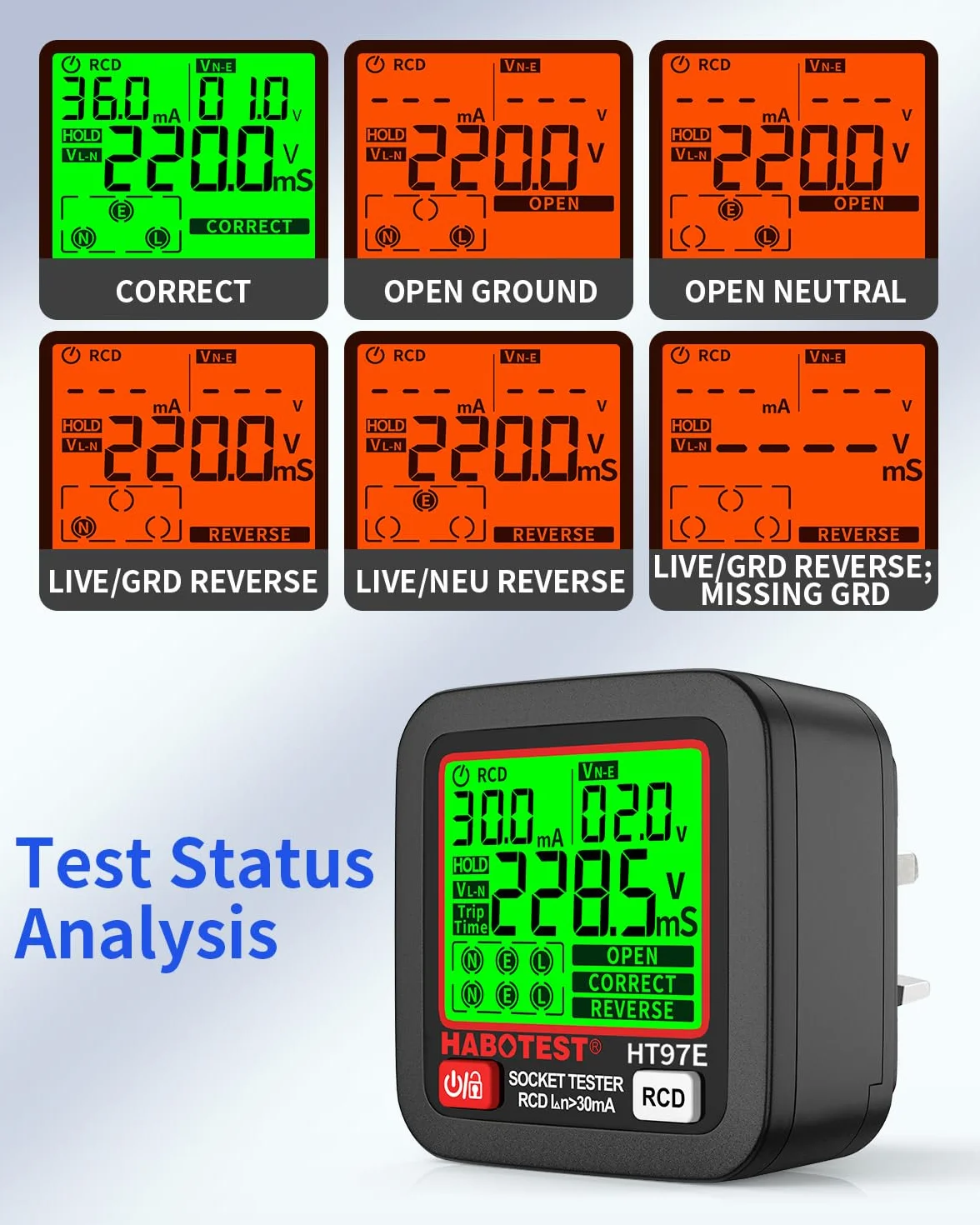 YOJOCK Wtyczka tester, Tester elektryczny RCD Plug z wyświetlaczem LCD, 6 typów diagnostyki usterek, badanie obwodu, wskazanie napięcia i częstotliwości, 30-260V (wtyczka UK)