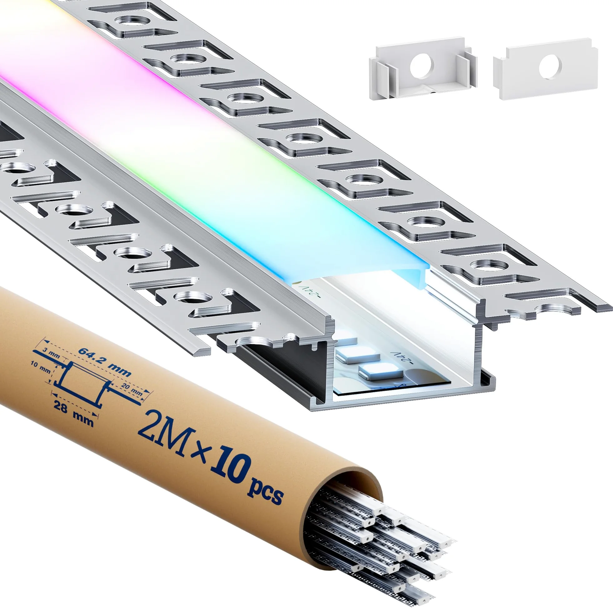 10 x profil LED do montażu na sucho 2 m – profil aluminiowy podtynkowy z dyfuzorem – kanał montażowy LED do pośredniego oświetlenia sufitowego, płyty gipsowo-kartonowej, ściany i sufitu